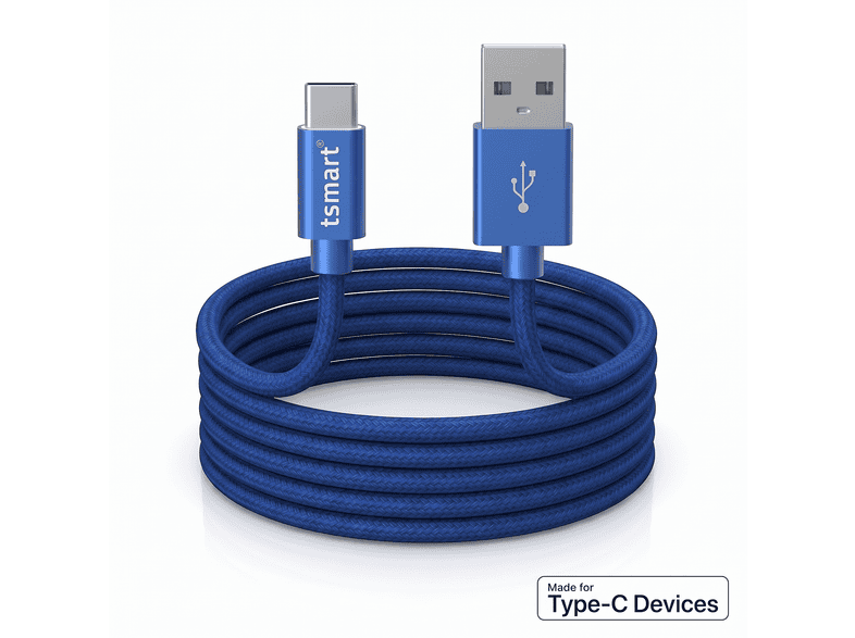 TSMART Type-C USB 1 Metre Kırılmaz Örgü Şarj ve Data Kablosu Mavi