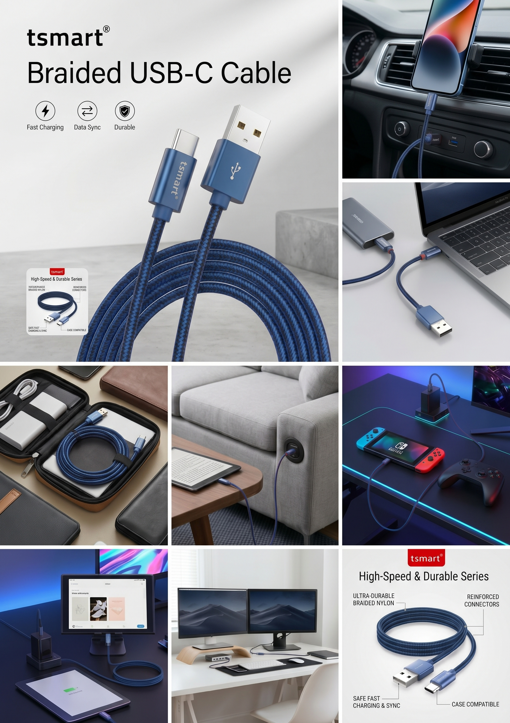 Hızlı şarj ve veri senkronizasyonu için mavi tsmart örgülü USB-C kablolar, çeşitli günlük sahnelerde.