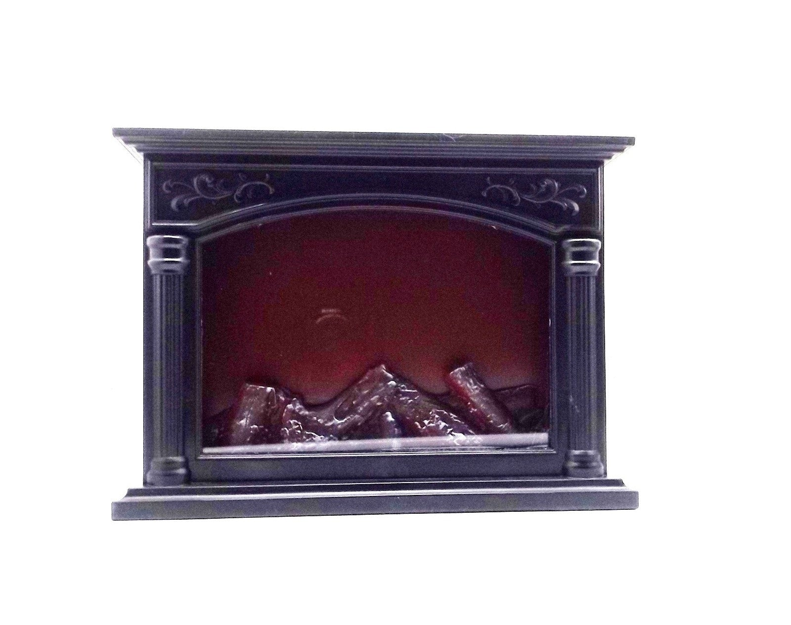 Una chimenea decorativa en miniatura negra presenta columnas esculpidas y un fuego rojo brillante simulado.