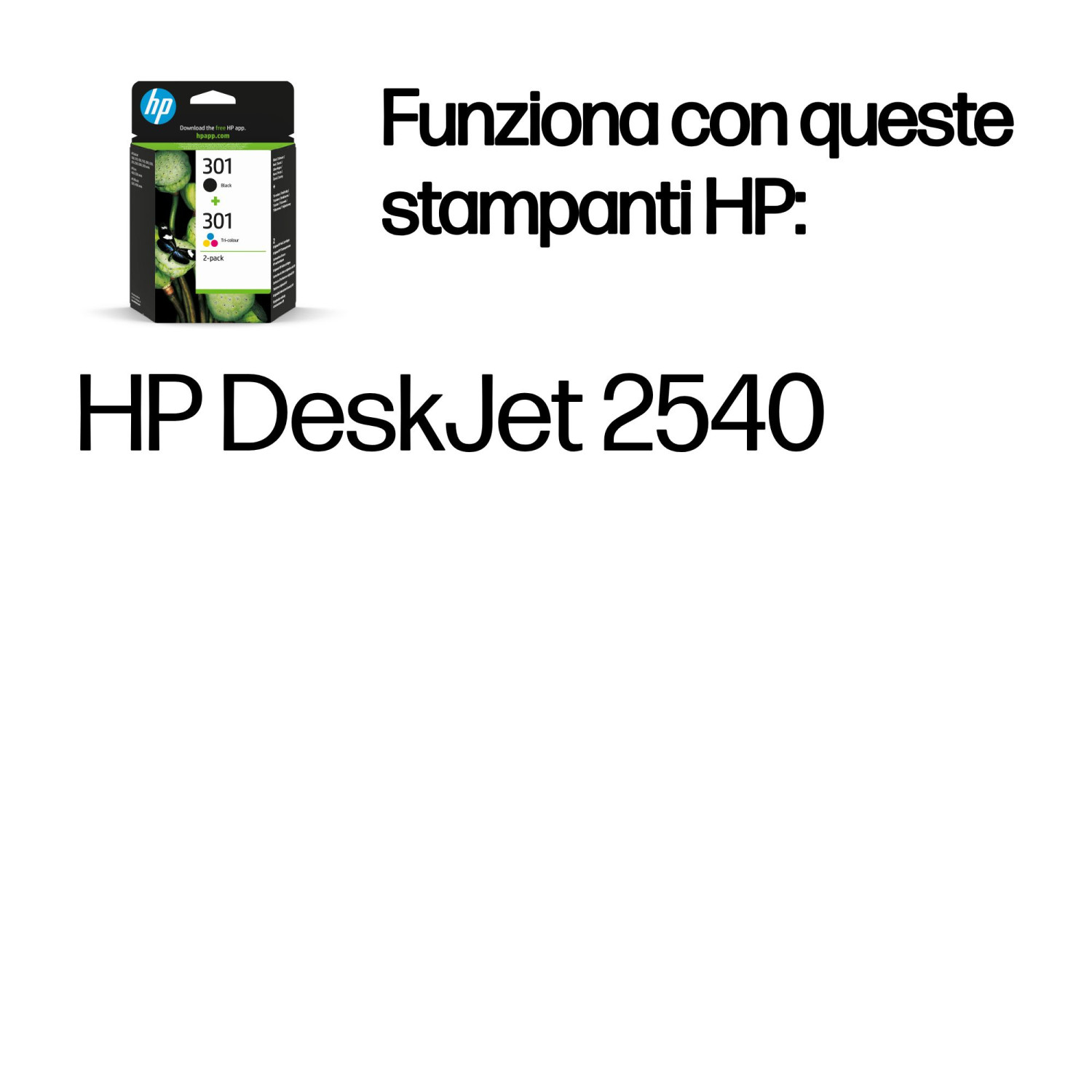 Cartucho de tinta HP 301 con texto HP DeskJet 2540 sobre fondo blanco.