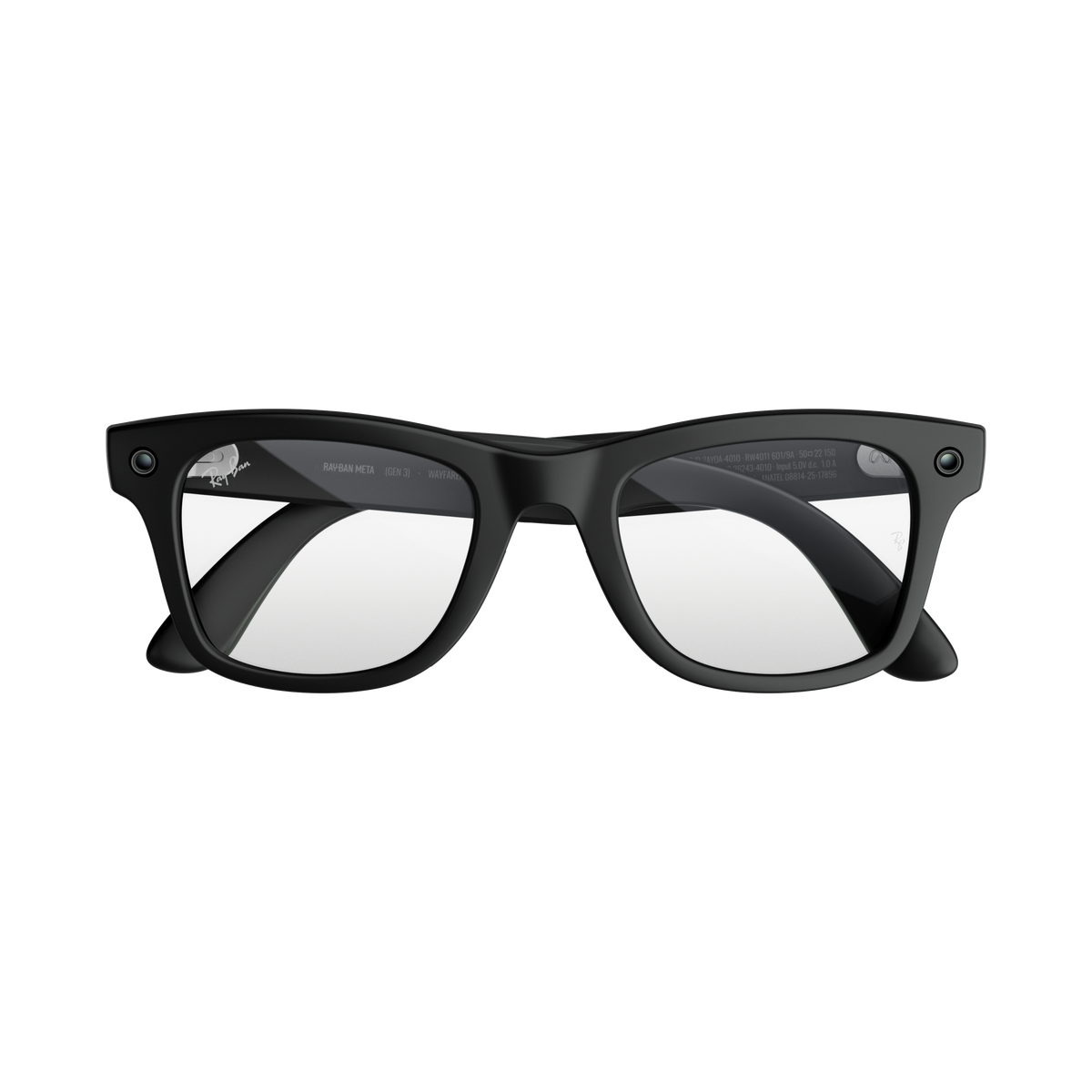 Gafas inteligentes Ray-Ban Meta Wayfarer negras vistas desde el frente sobre un fondo blanco, con cámaras integradas.