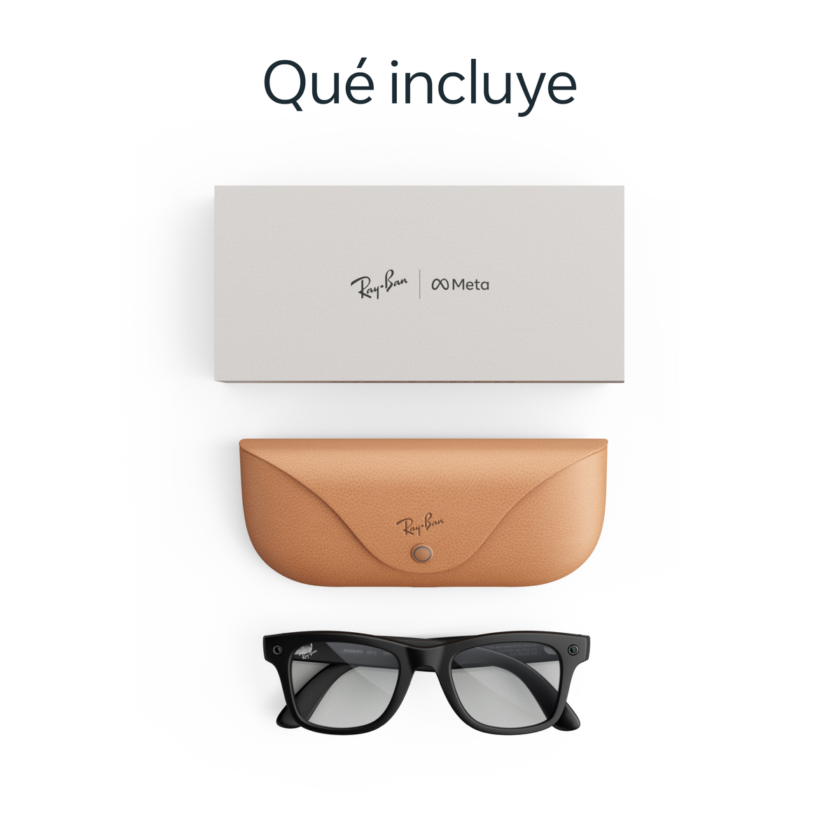 Gafas Ray-Ban Meta con estuche y caja sobre fondo blanco.
