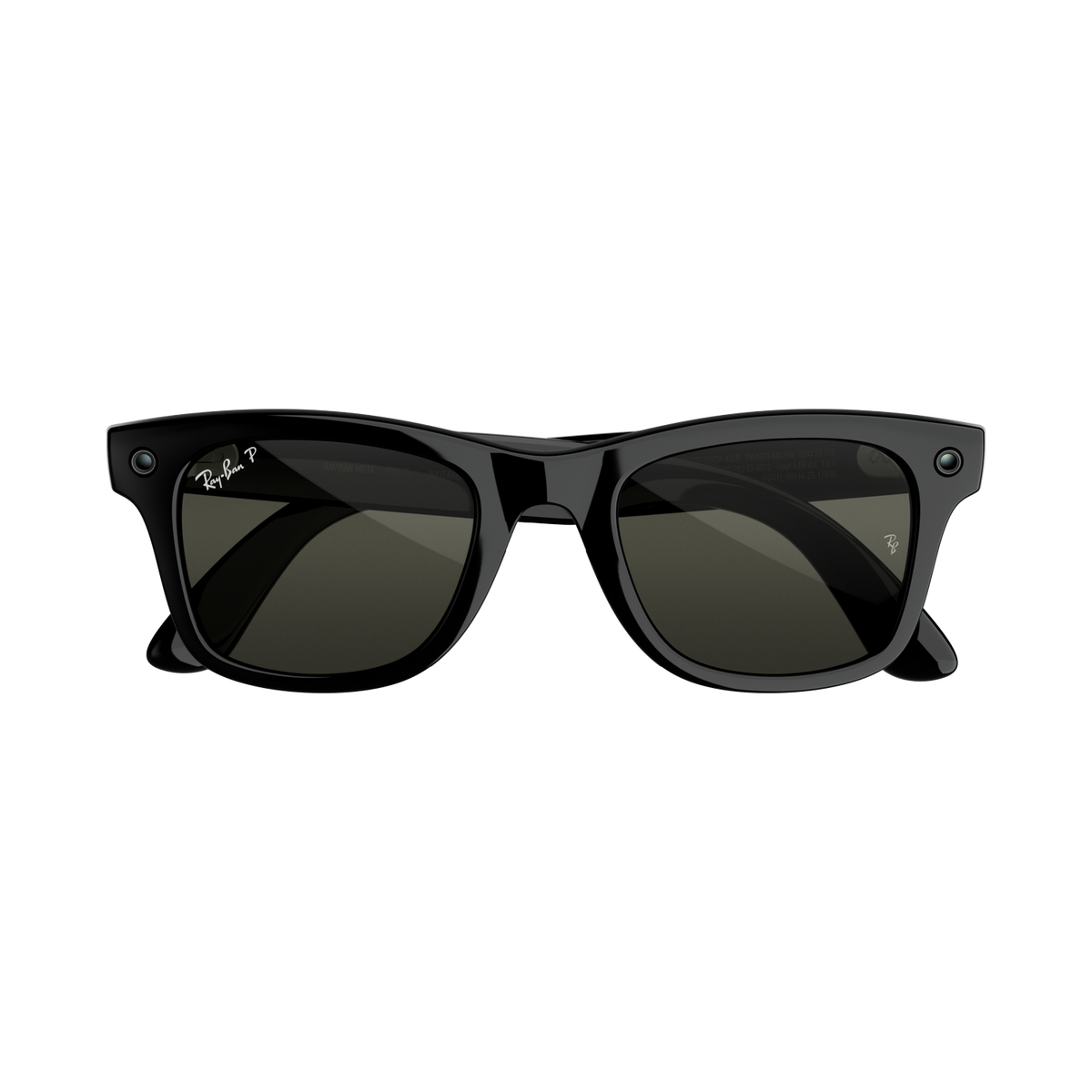 Gafas de sol Ray-Ban negras con lentes oscuras sobre fondo blanco.