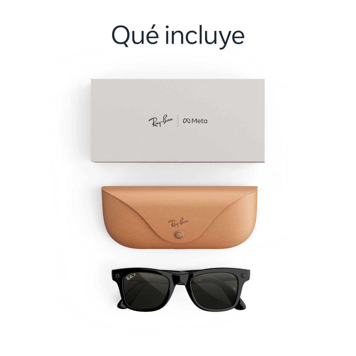 Gafas de sol Ray-Ban Meta con caja clara y estuche de cuero sobre fondo blanco.