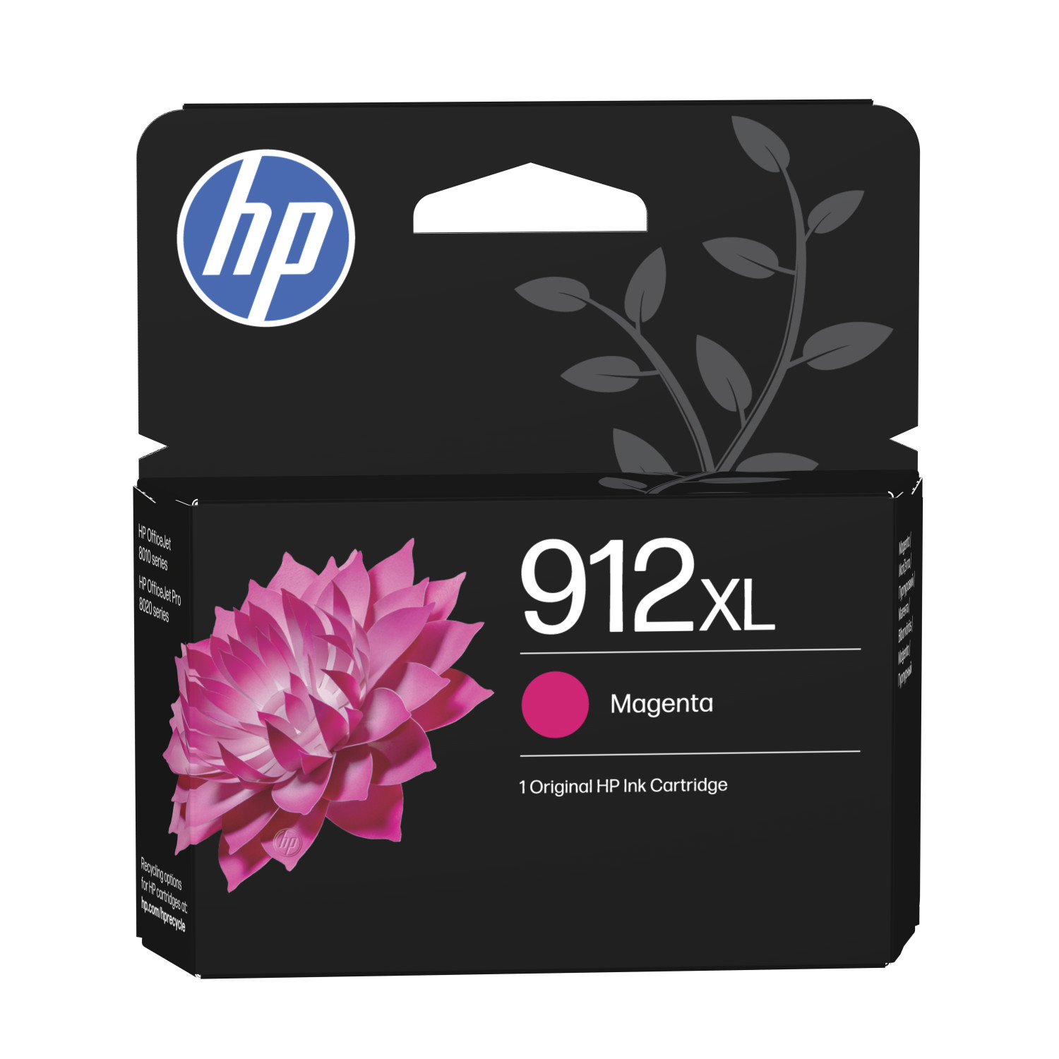 Caja de cartucho de tinta magenta HP 912XL negra con flor rosa, logotipo de HP y texto sobre fondo blanco.