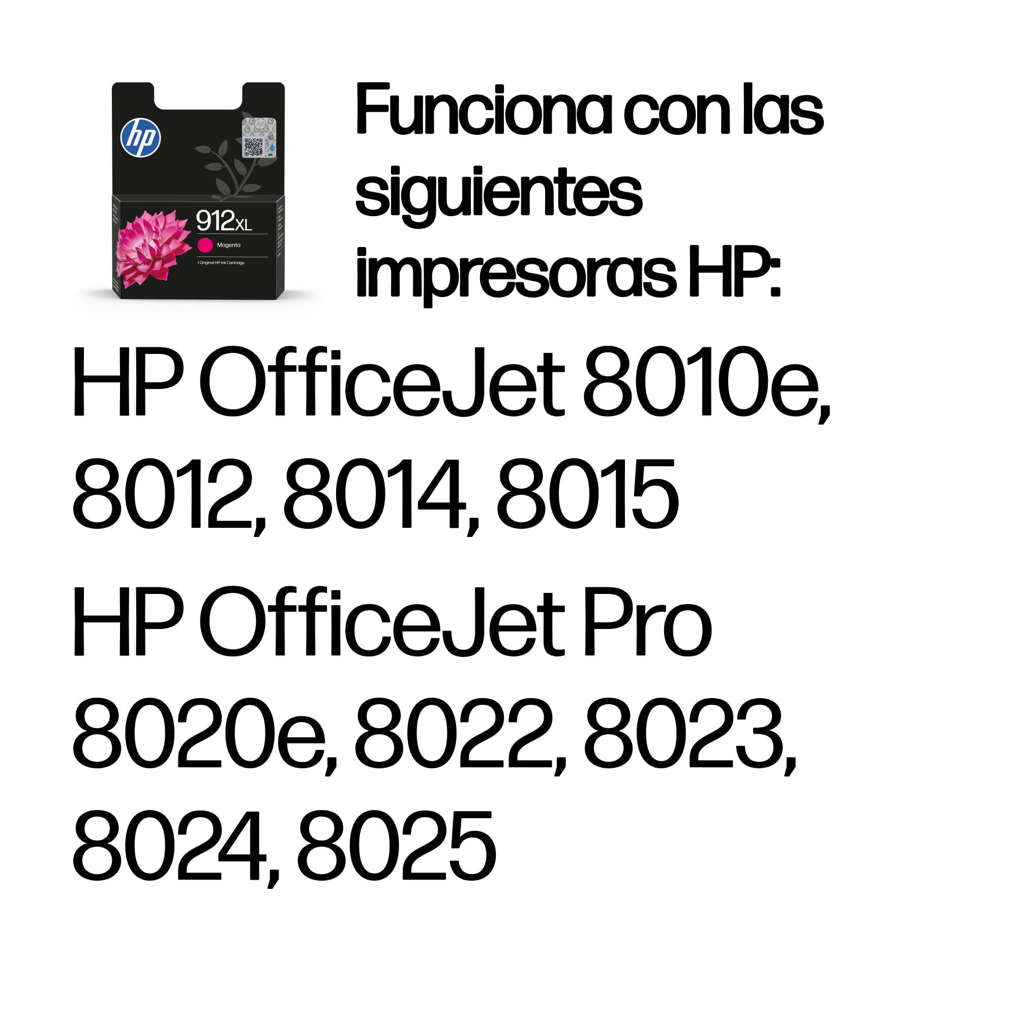 Cartucho de tinta magenta HP 912XL con modelos de impresoras HP compatibles.