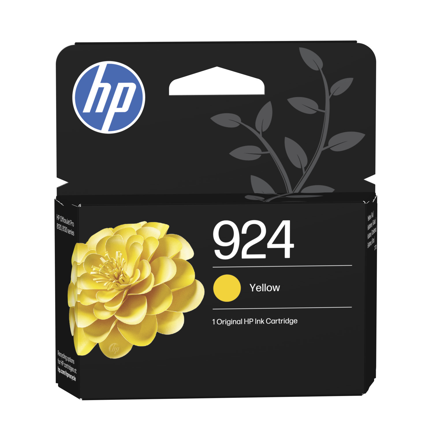 Una caja de cartucho de tinta amarilla HP 924 con una flor amarilla y el logotipo de HP.