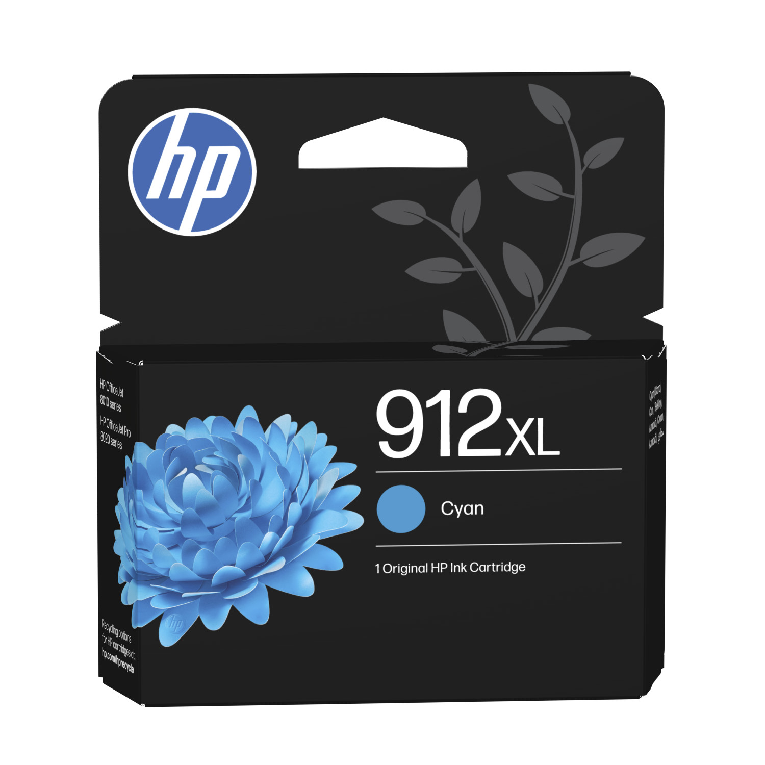 Cartucho de tinta cian HP 912XL en caja negra con una flor azul.