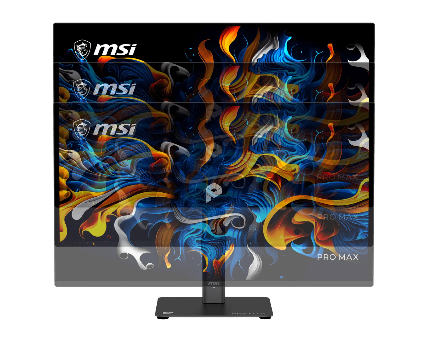 Un monitor MSI muestra un fondo de llamas abstractas y coloridas de varias capas.
