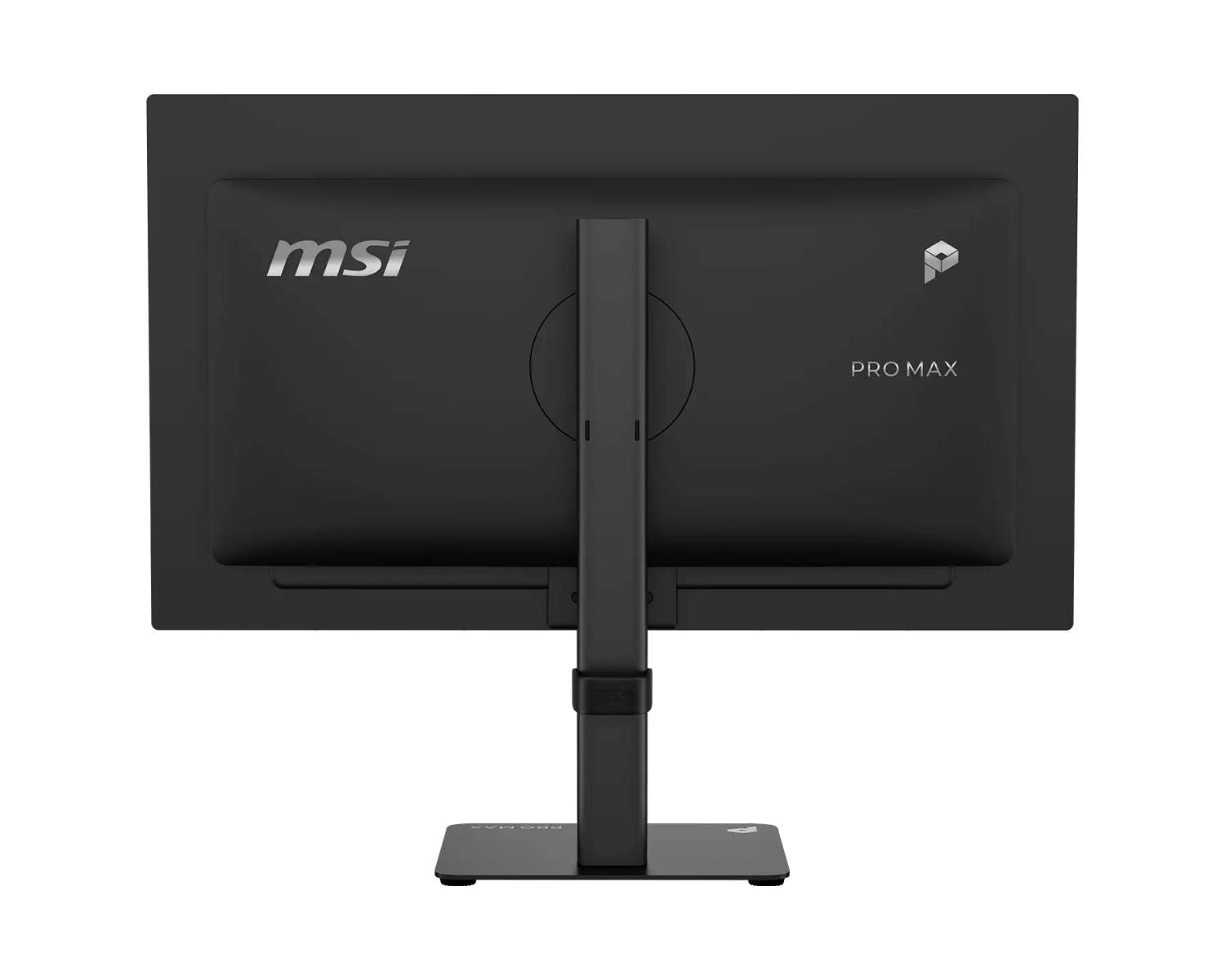 Vista trasera de un monitor MSI PRO MAX negro con soporte ajustable sobre fondo claro.