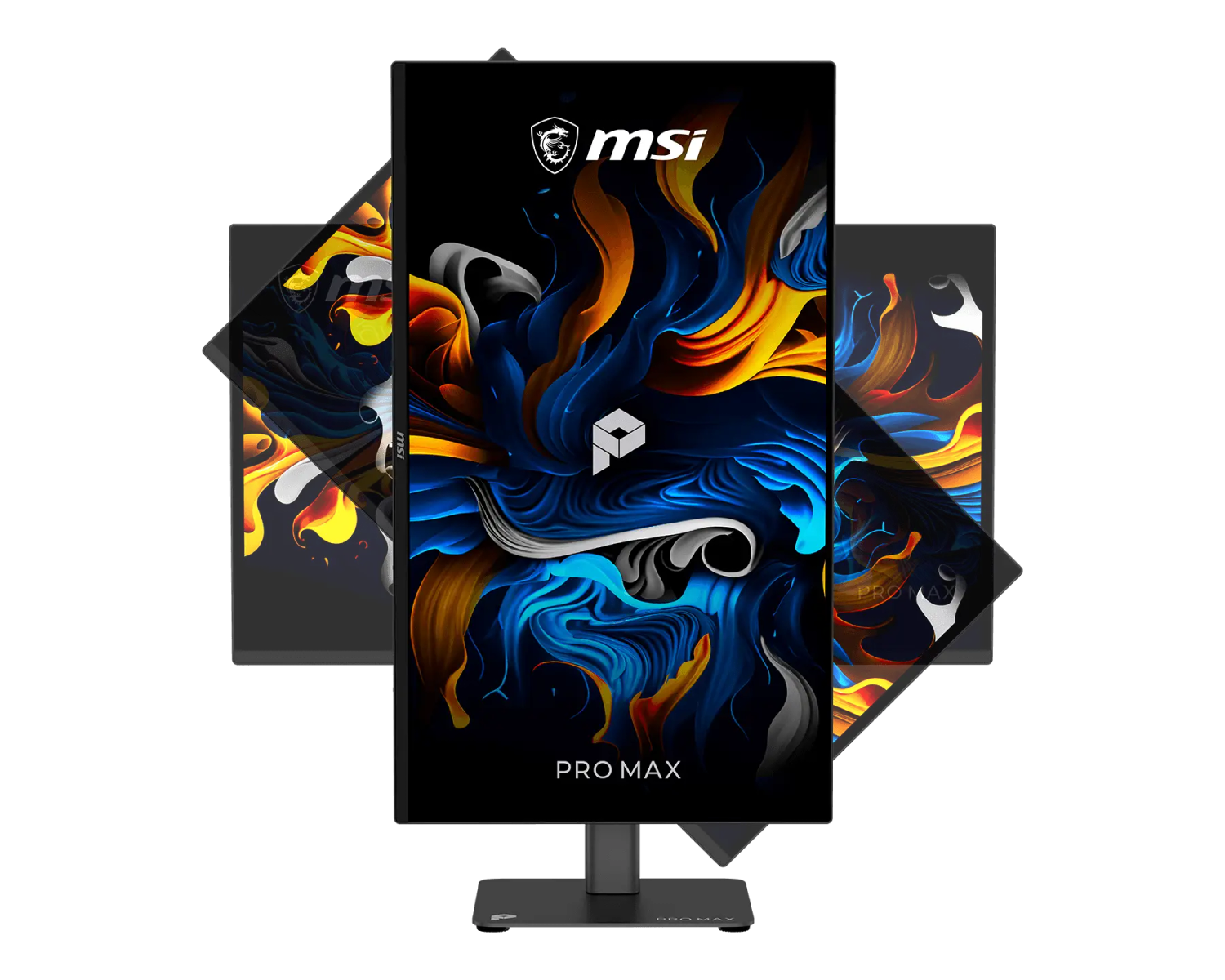 Varios monitores MSI PRO MAX con un fondo de pantalla abstracto y colorido, dispuestos en abanico.
