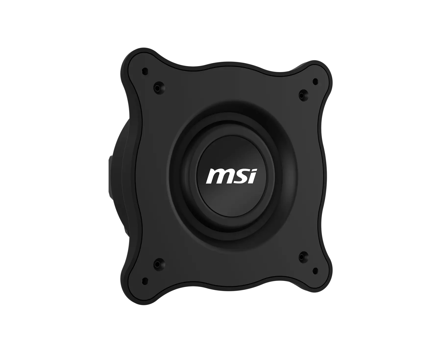 Adaptador de montaje para monitor MSI VESA negro con cuatro agujeros sobre fondo blanco.