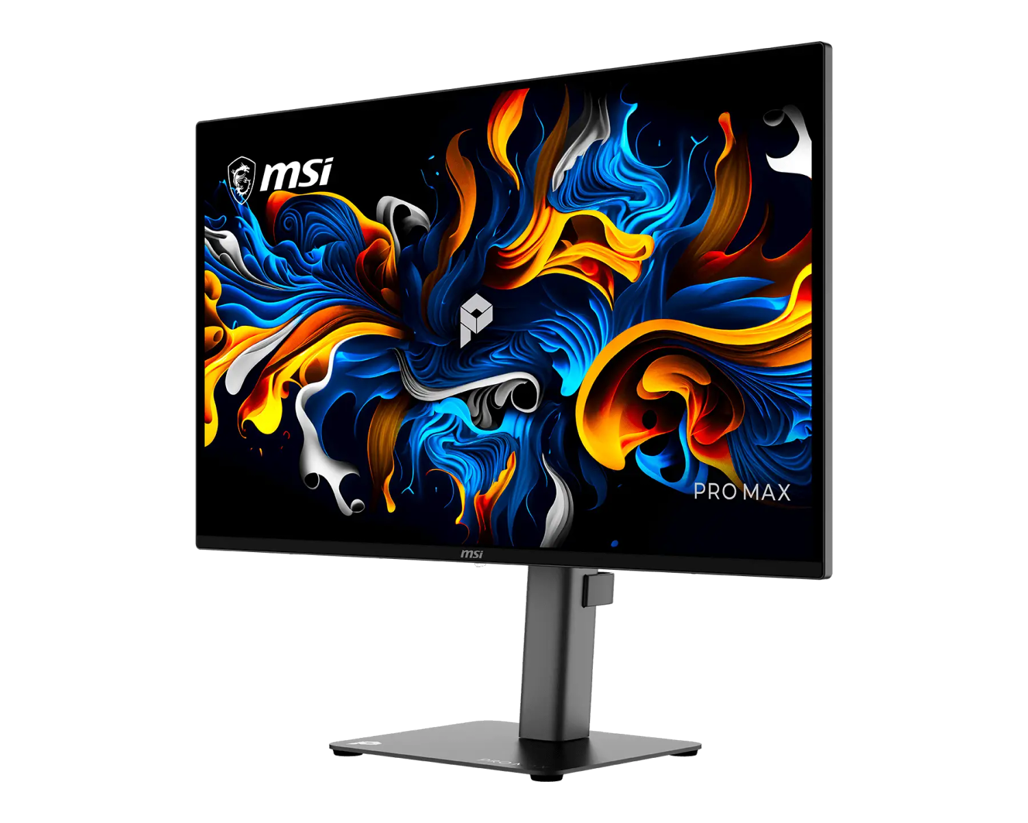 Un monitor MSI PRO MAX sobre un soporte gris muestra un fondo abstracto colorido.