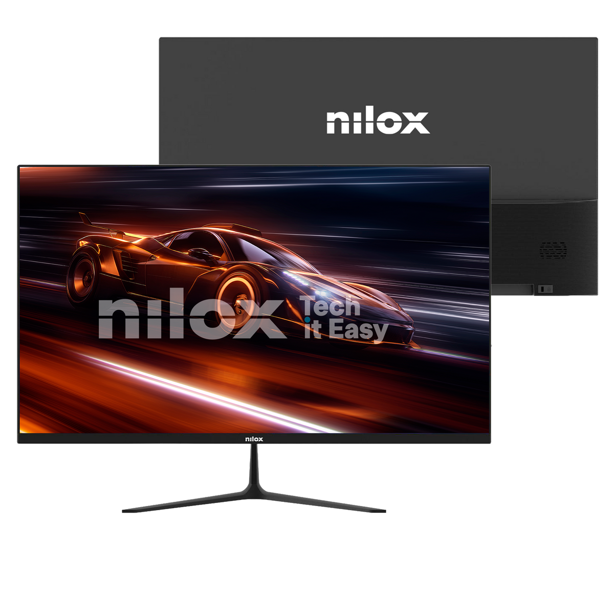 Un monitor Nilox muestra un coche de carreras en pantalla, con vistas frontal y trasera.