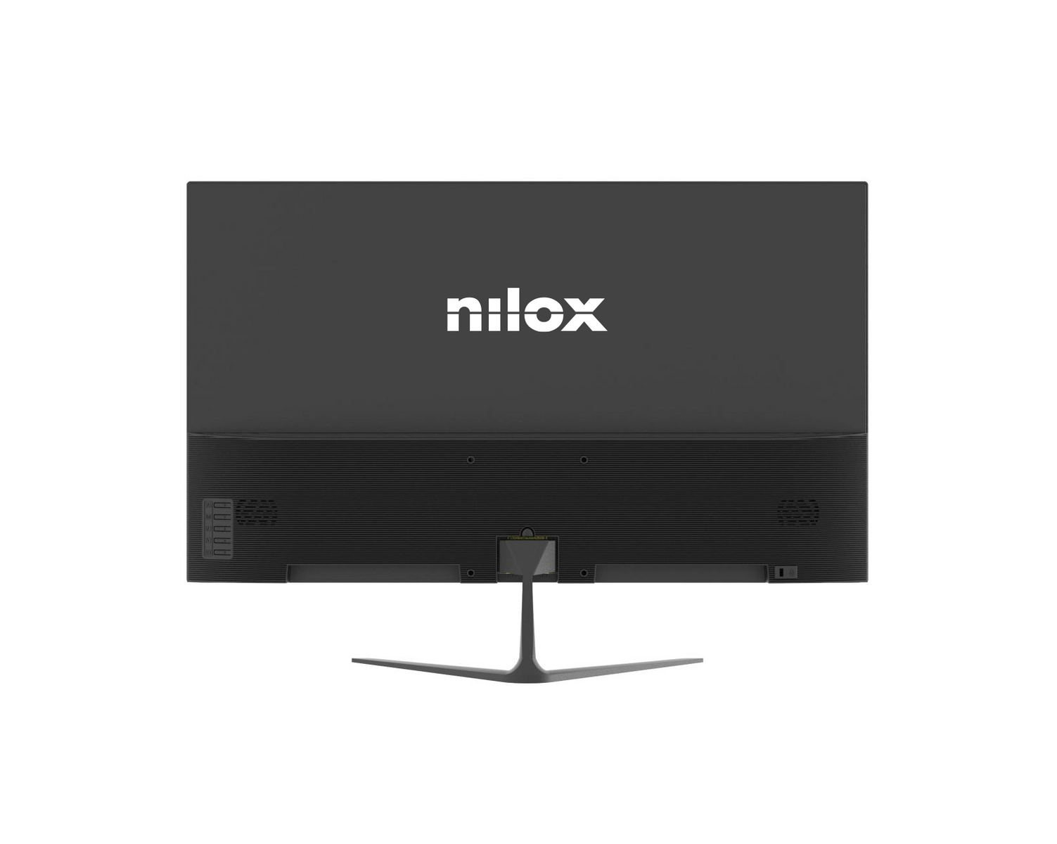 Vista trasera de un monitor de ordenador Nilox negro sobre una peana delgada con fondo blanco.