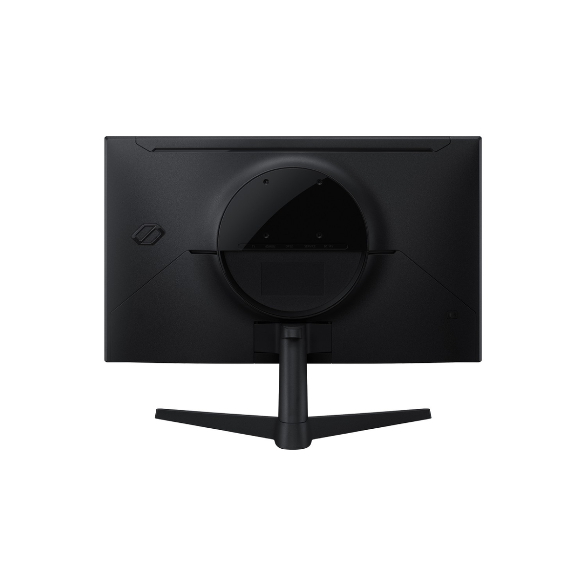 Vista trasera de un monitor negro con centro circular y soporte en V sobre fondo blanco.