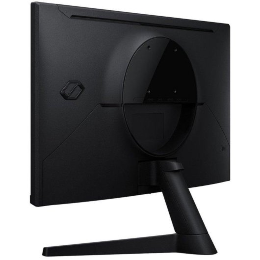 Vista trasera de un monitor de computadora negro con área de montaje circular y soporte en V.