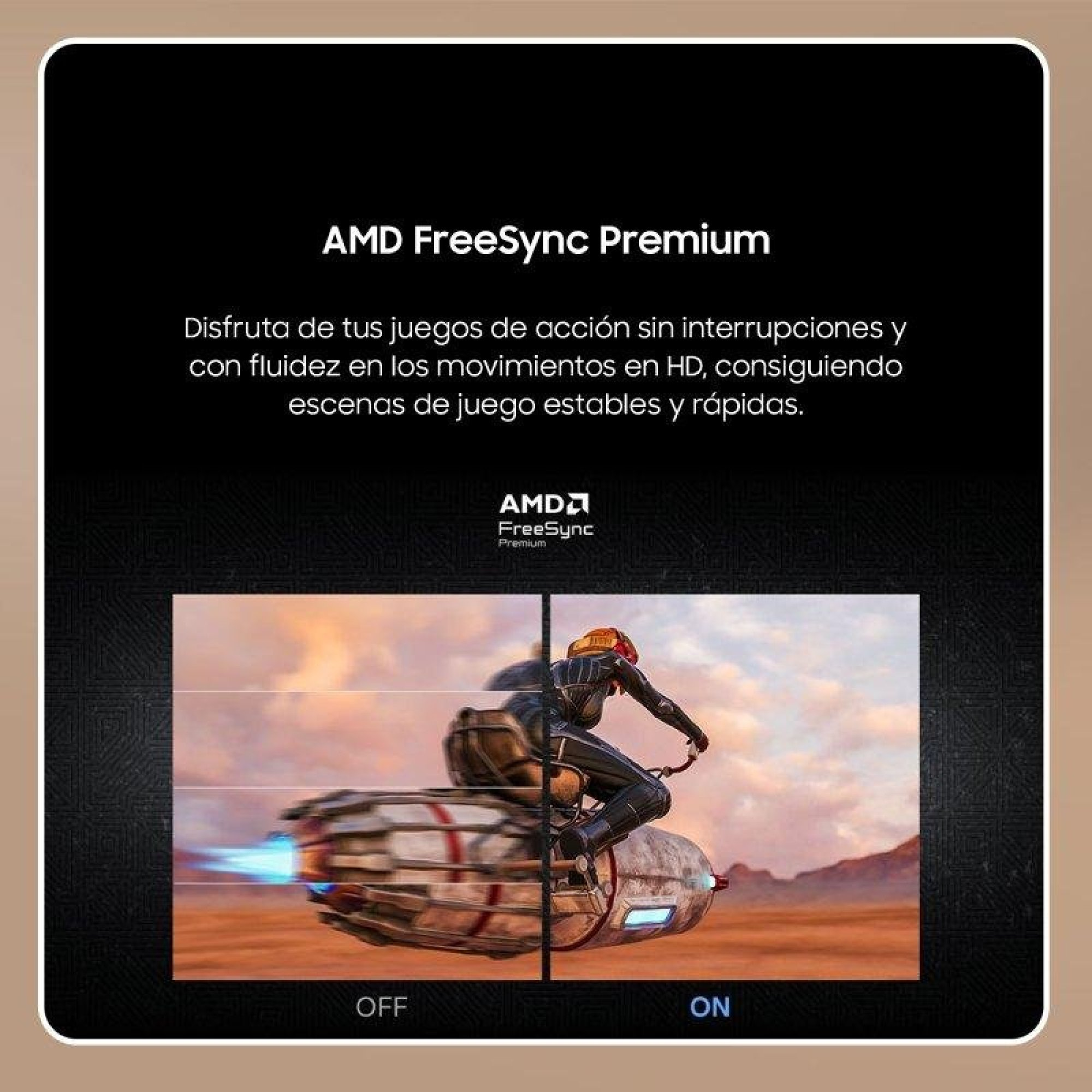 Promoción de AMD FreeSync Premium que muestra movimiento borroso con FreeSync apagado y acción nítida con él encendido.