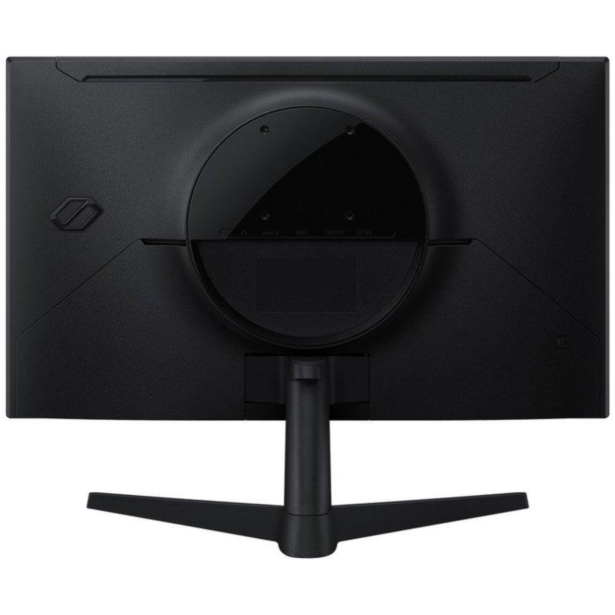 Vista trasera de un monitor negro sobre un soporte con una zona de conexión central redonda.