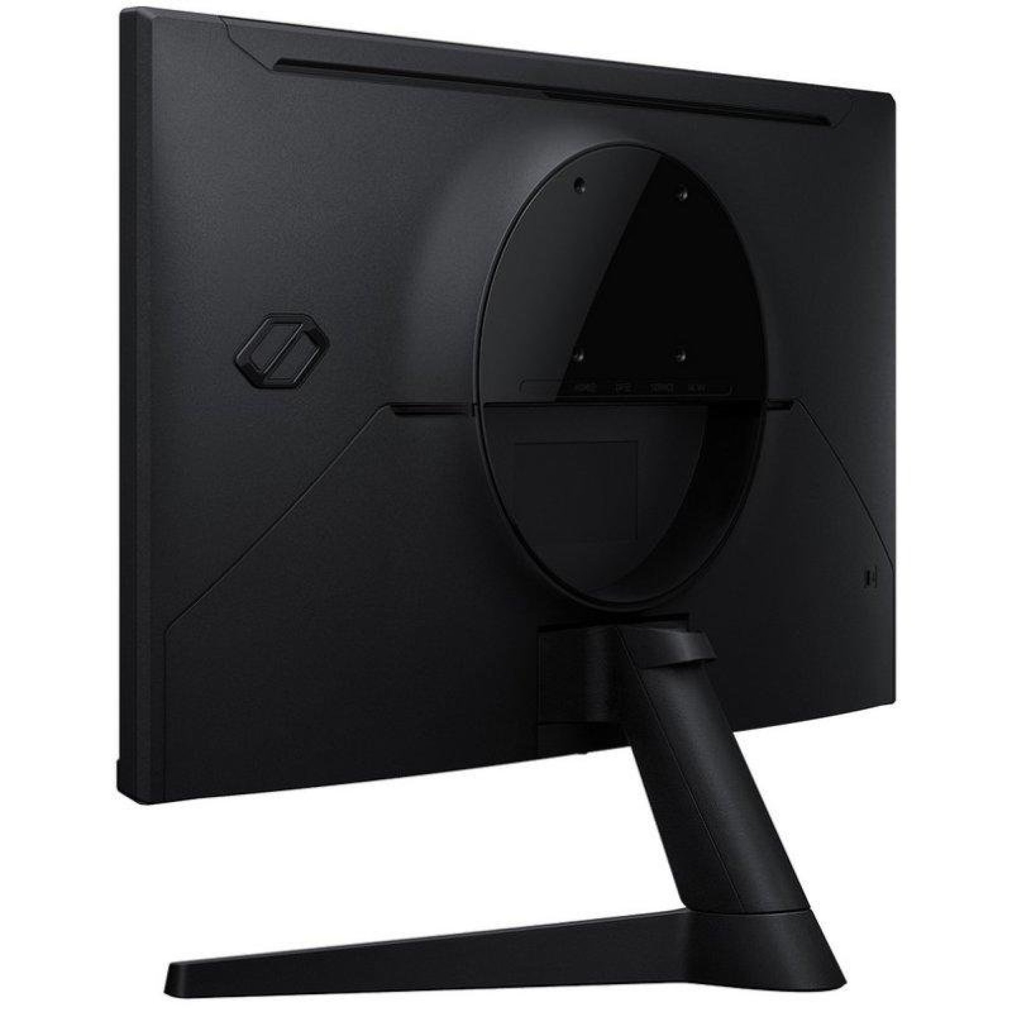 La parte posterior de un monitor negro con un soporte redondo y puertos.