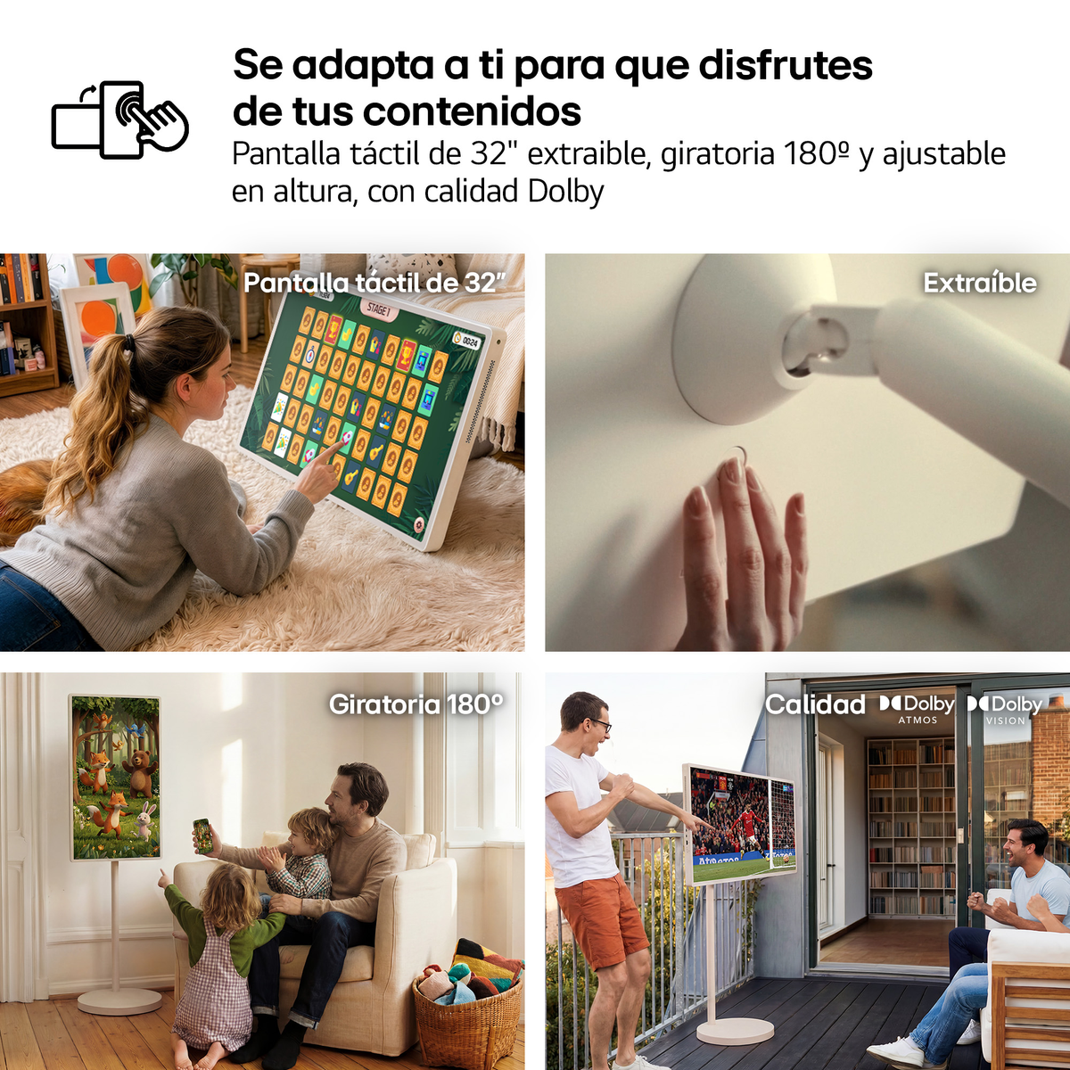Imagen promocional con texto en español que muestra las funciones de un televisor táctil de 32 pulgadas.