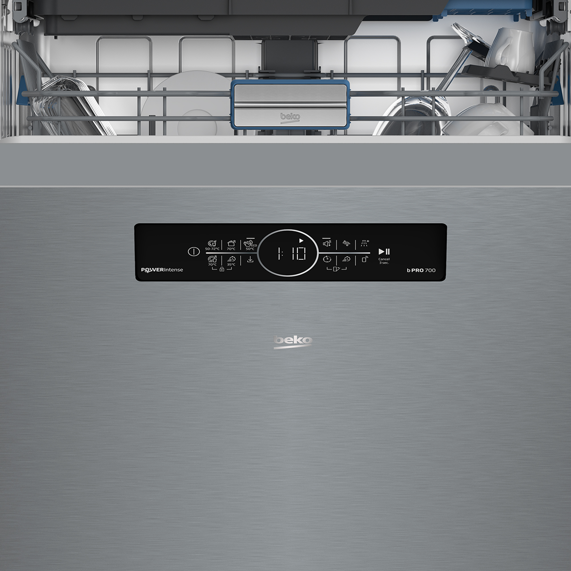 Beko Geschirrspüler in Edelstahl mit Display und geöffnetem Korb.