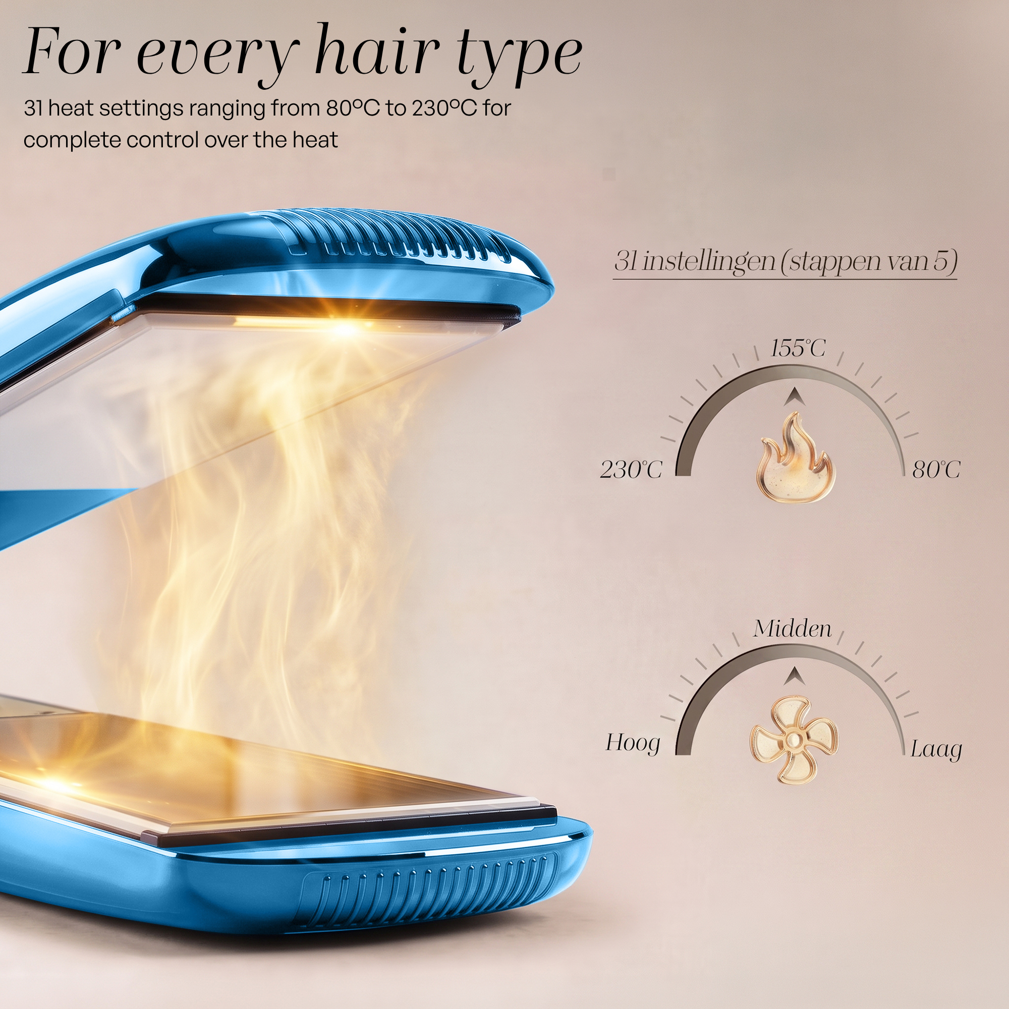 Glossy blue hair styler with steam and 31 temperature settings.