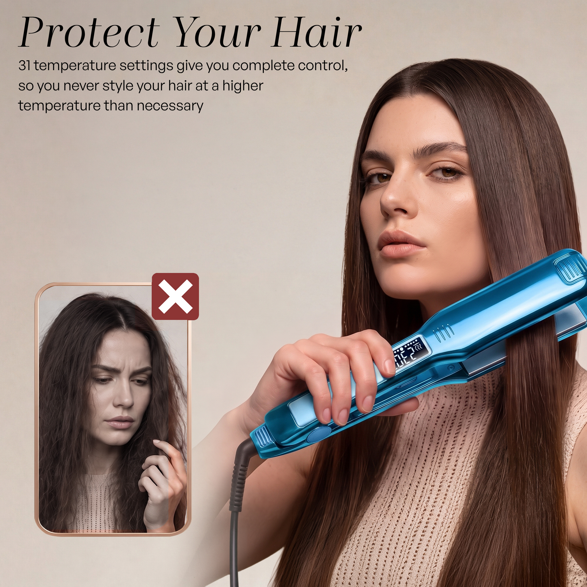 Woman with sleek hair holds blue hair straightener; inset shows frizzy hair with red X.