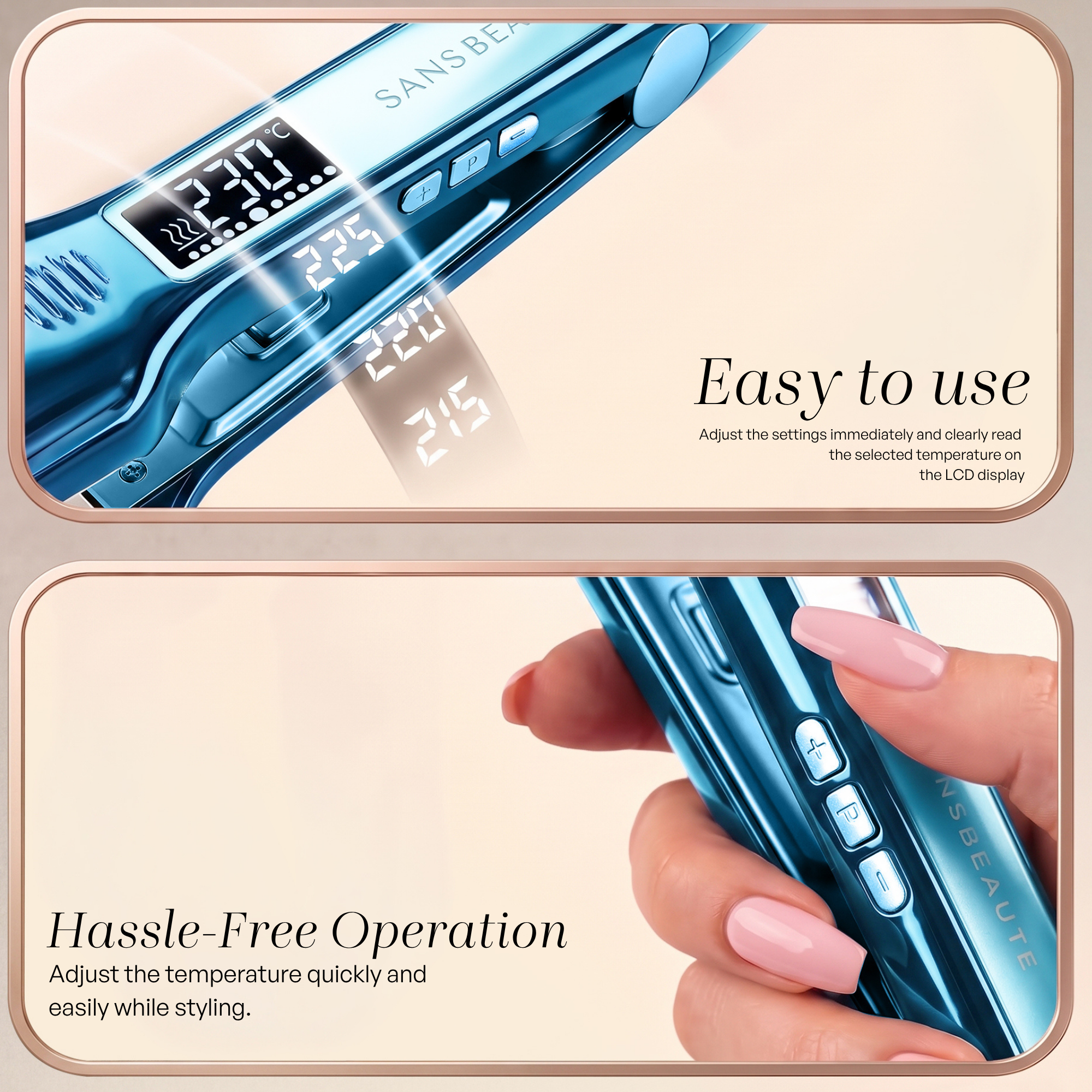 Blue hair straightener with digital temperature display and control buttons held by a hand with pink nails.