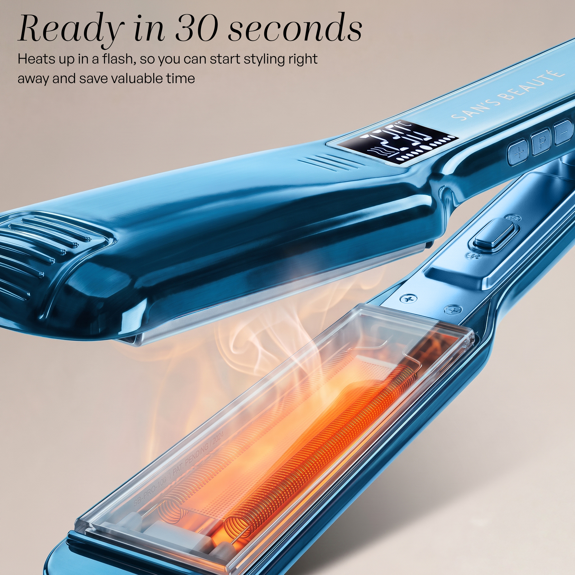 A close-up of a glossy blue hair straightener with glowing orange heating coils and visible steam.