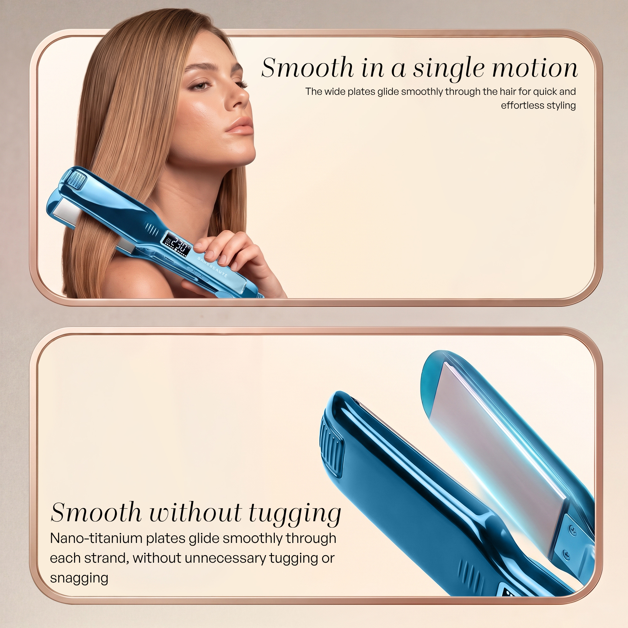 Smooth hair styled with a blue hair straightener featuring nano-titanium plates.