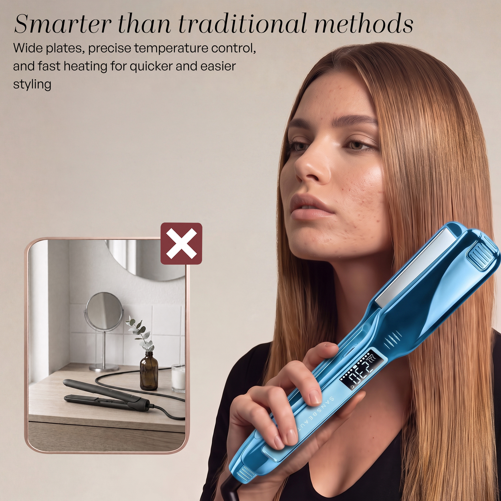 A woman holds a blue hair straightening iron next to her straight hair.