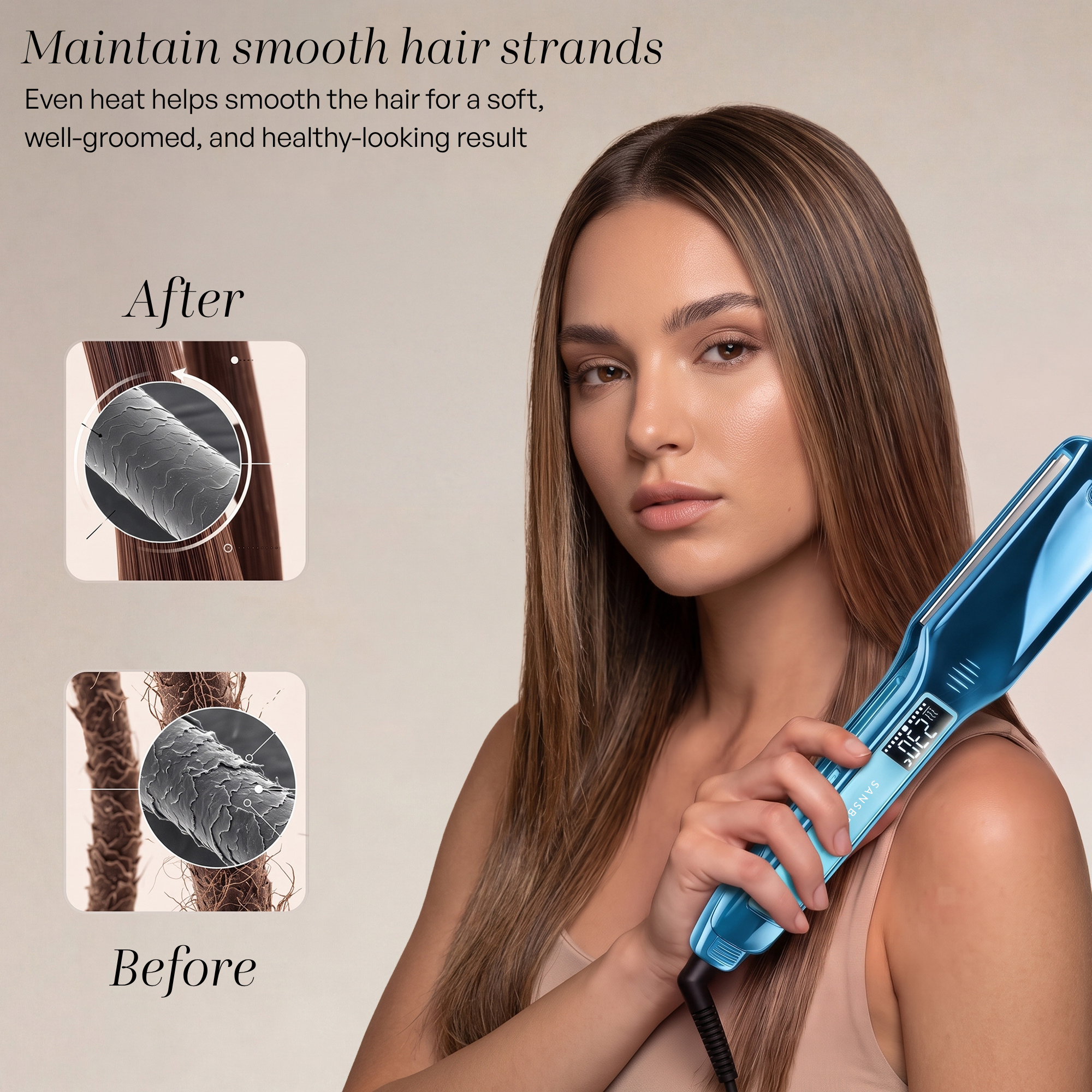 A woman holds a blue hair straightener, with before and after hair fiber comparison.