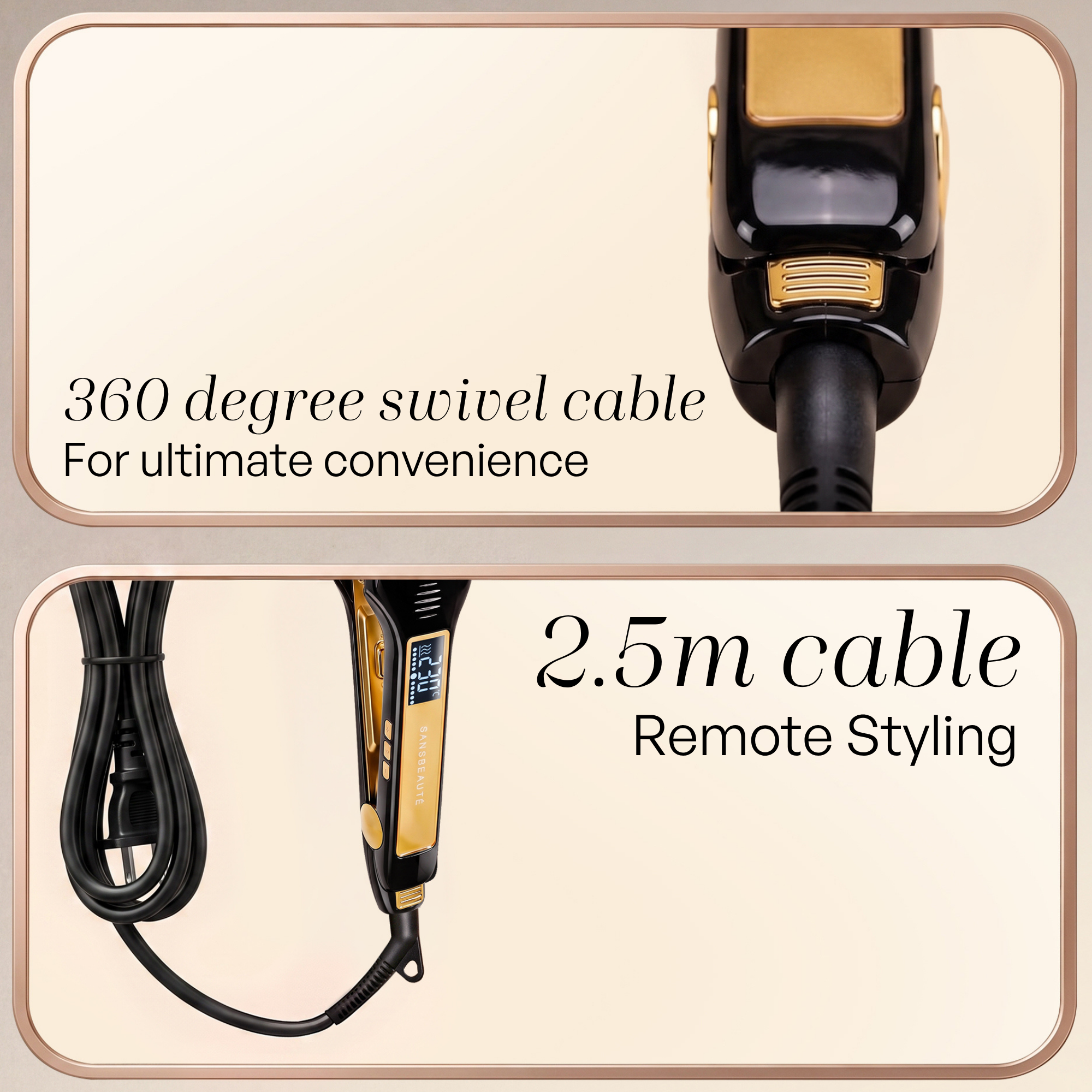 Two panels showing features of a black and gold hair styling tool: a 360-degree swivel cable and a 2.5m long cable.