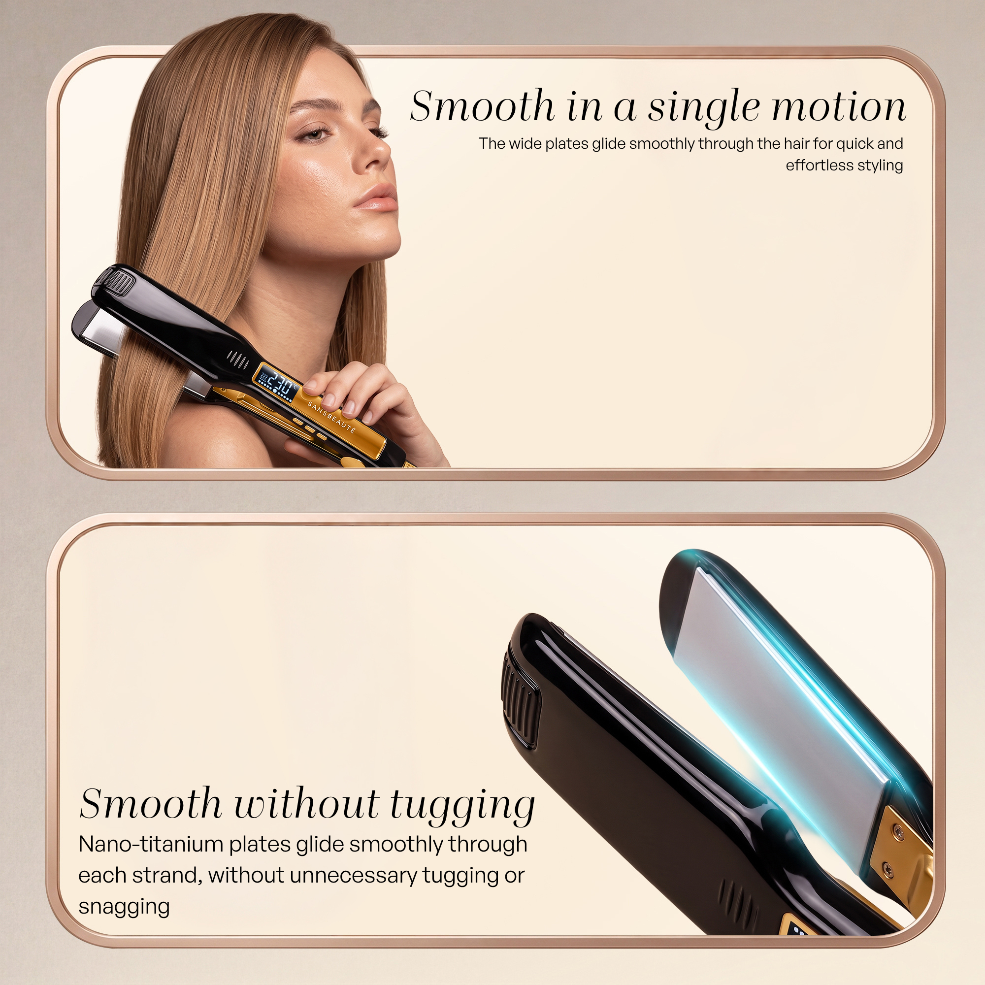 A woman using a black and gold hair straightener, shown with a close-up of its glowing titanium plates.
