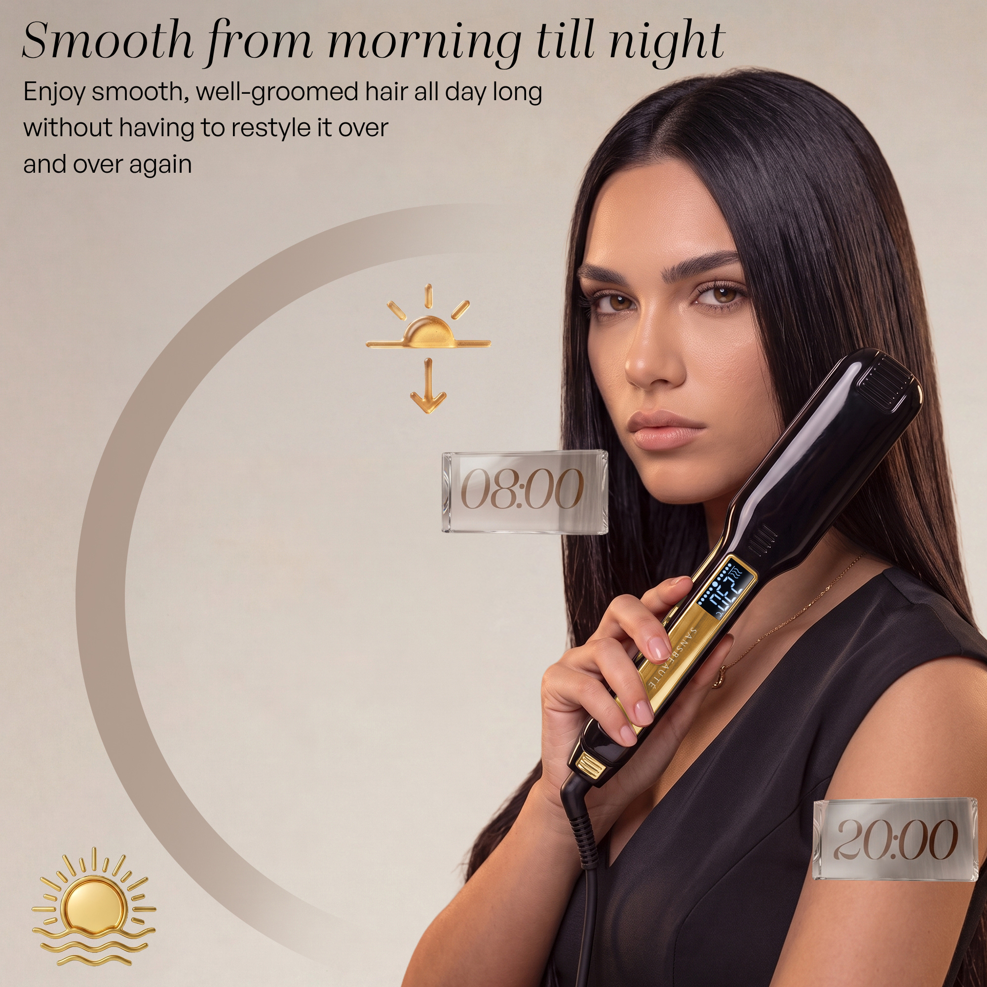 A woman with long, straight hair holds a black hair straightener against a neutral background.