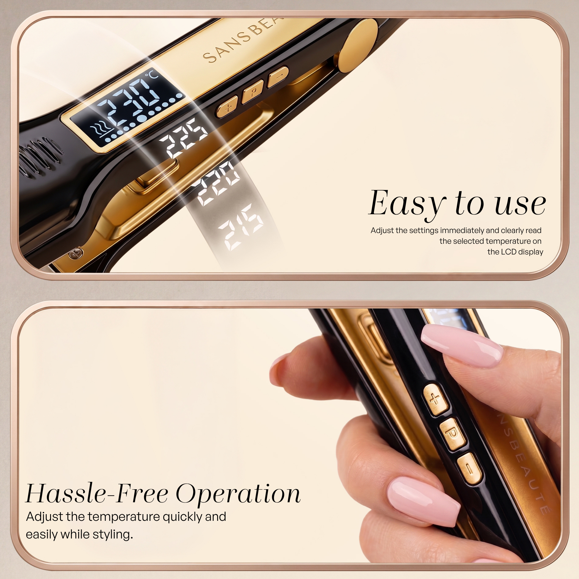 Hair straightener with LCD display and control buttons for easy temperature adjustment.