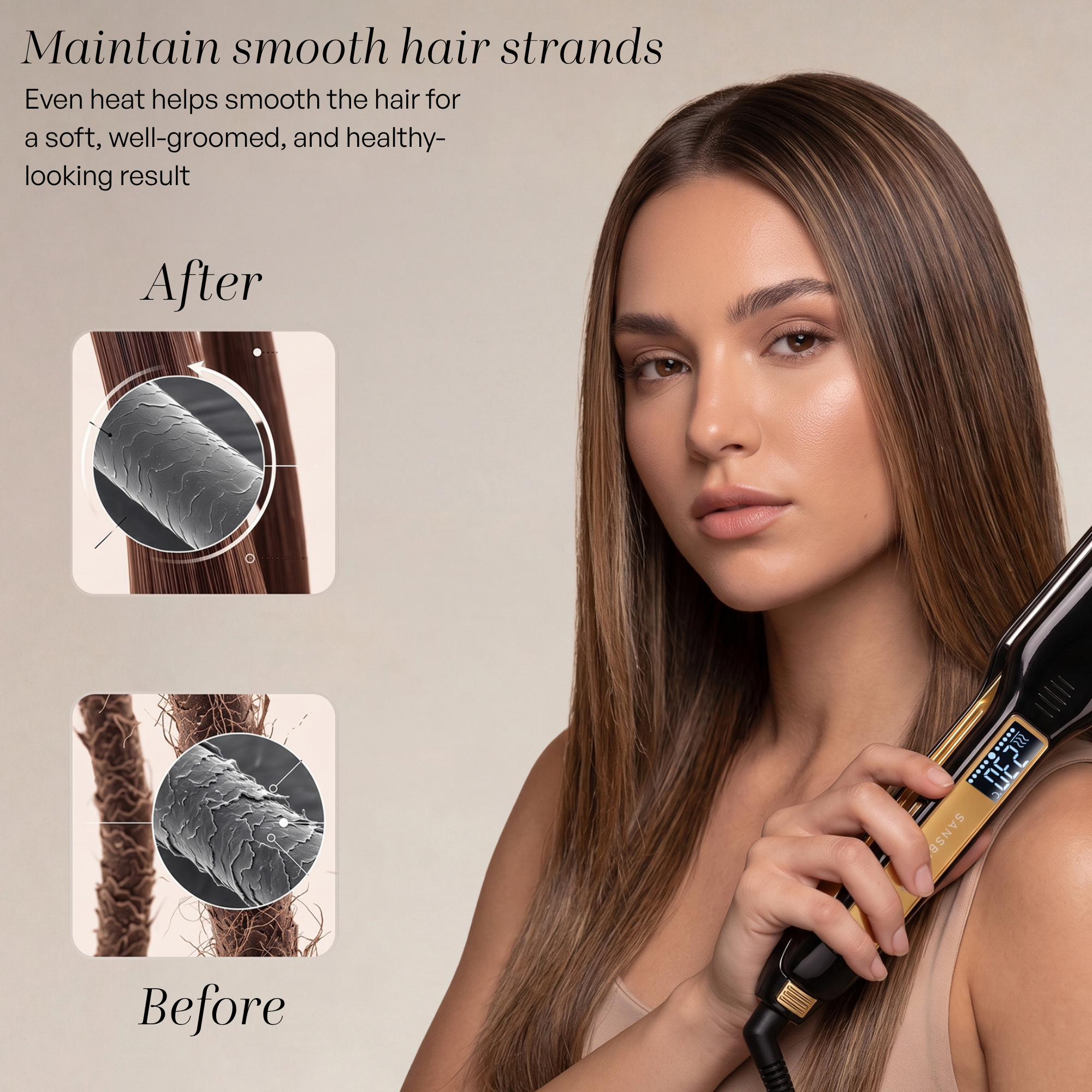 A woman holds a hair straightener, with microscopic views of smooth and frizzy hair for comparison.