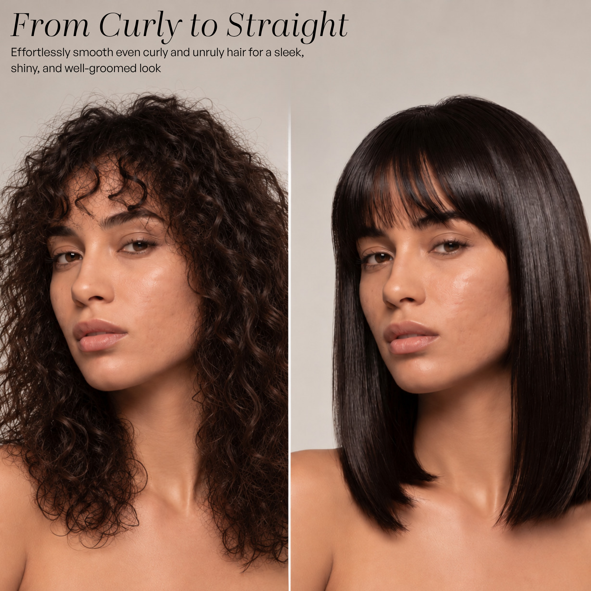 Before and after comparison of a woman with curly and straight hair.