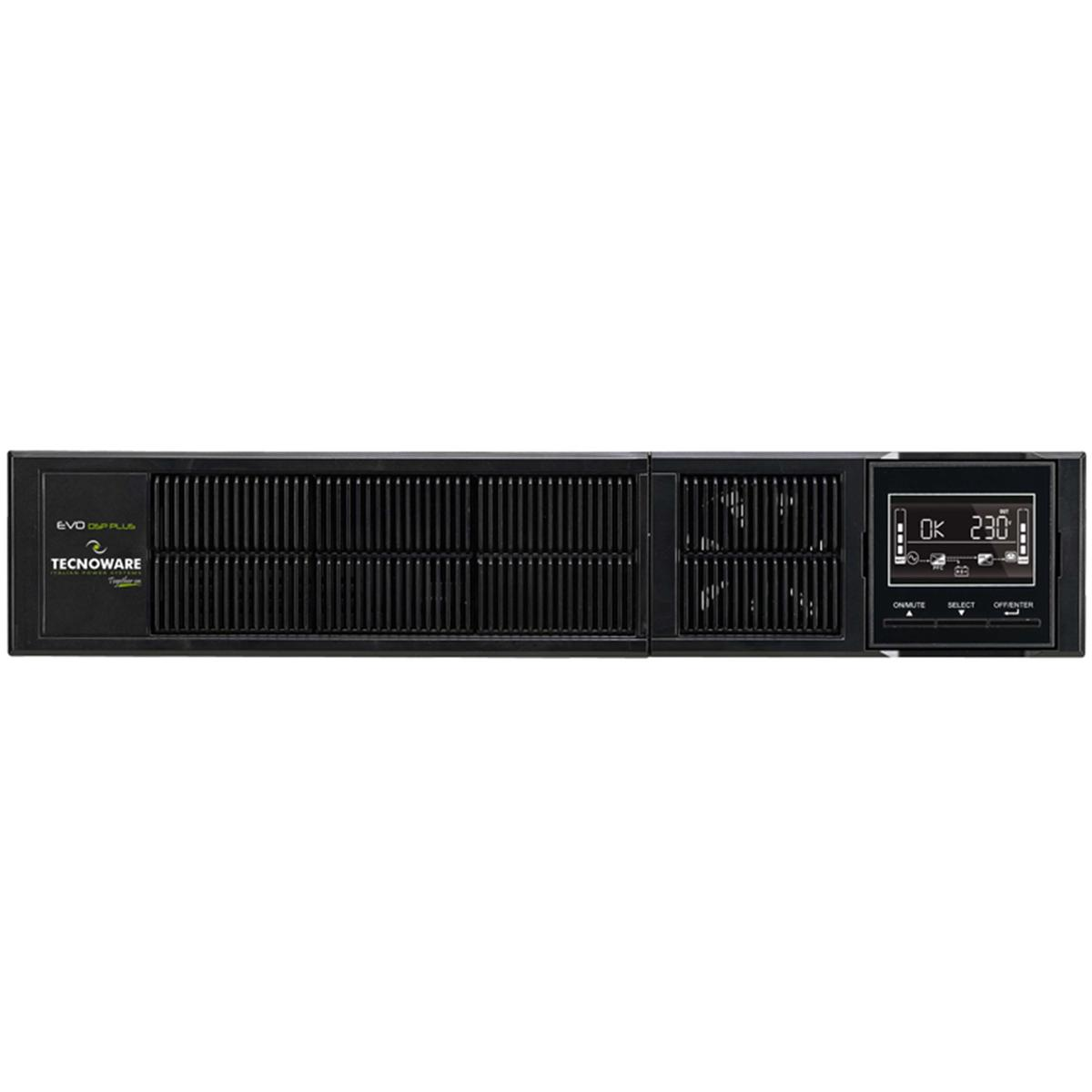 Gruppo di continuità UPS Tecnoware nero con schermo LCD e griglie di ventilazione su sfondo bianco.