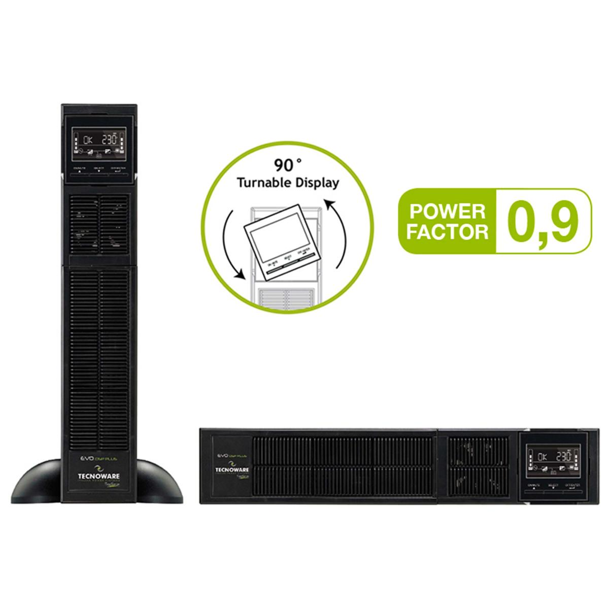 Unità UPS nera in formato torre e rack con display orientabile e fattore di potenza 0,9.
