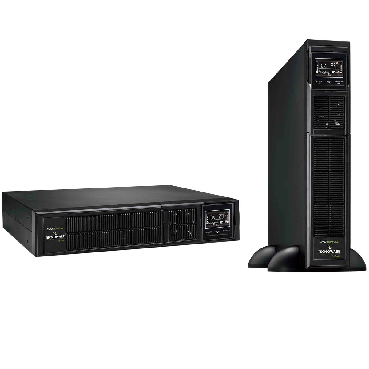 Due unità UPS Tecnoware nere, una orizzontale e una verticale, con display digitali e griglie di ventilazione.