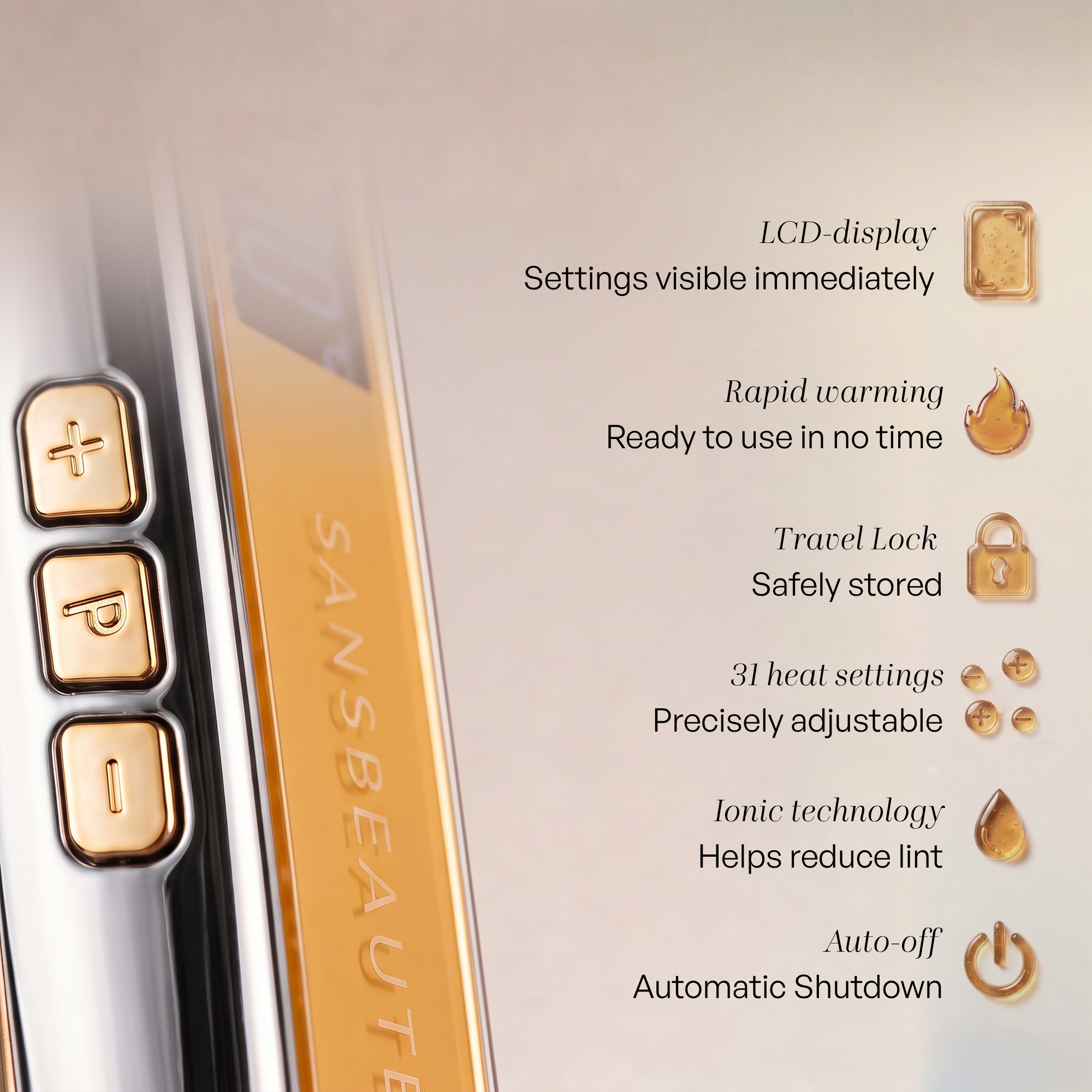 Gold hair tool with buttons and text listing features like LCD display, rapid warming, travel lock, and ionic technology.