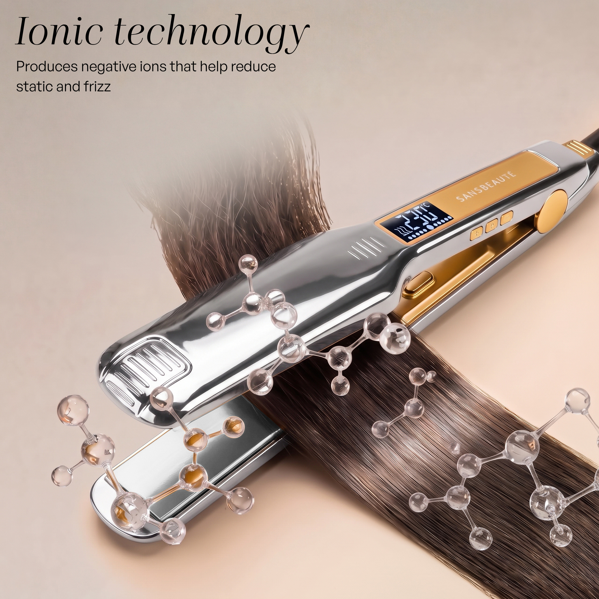 Hair straightener with ionic technology, digital display, and molecule graphics on shiny hair.