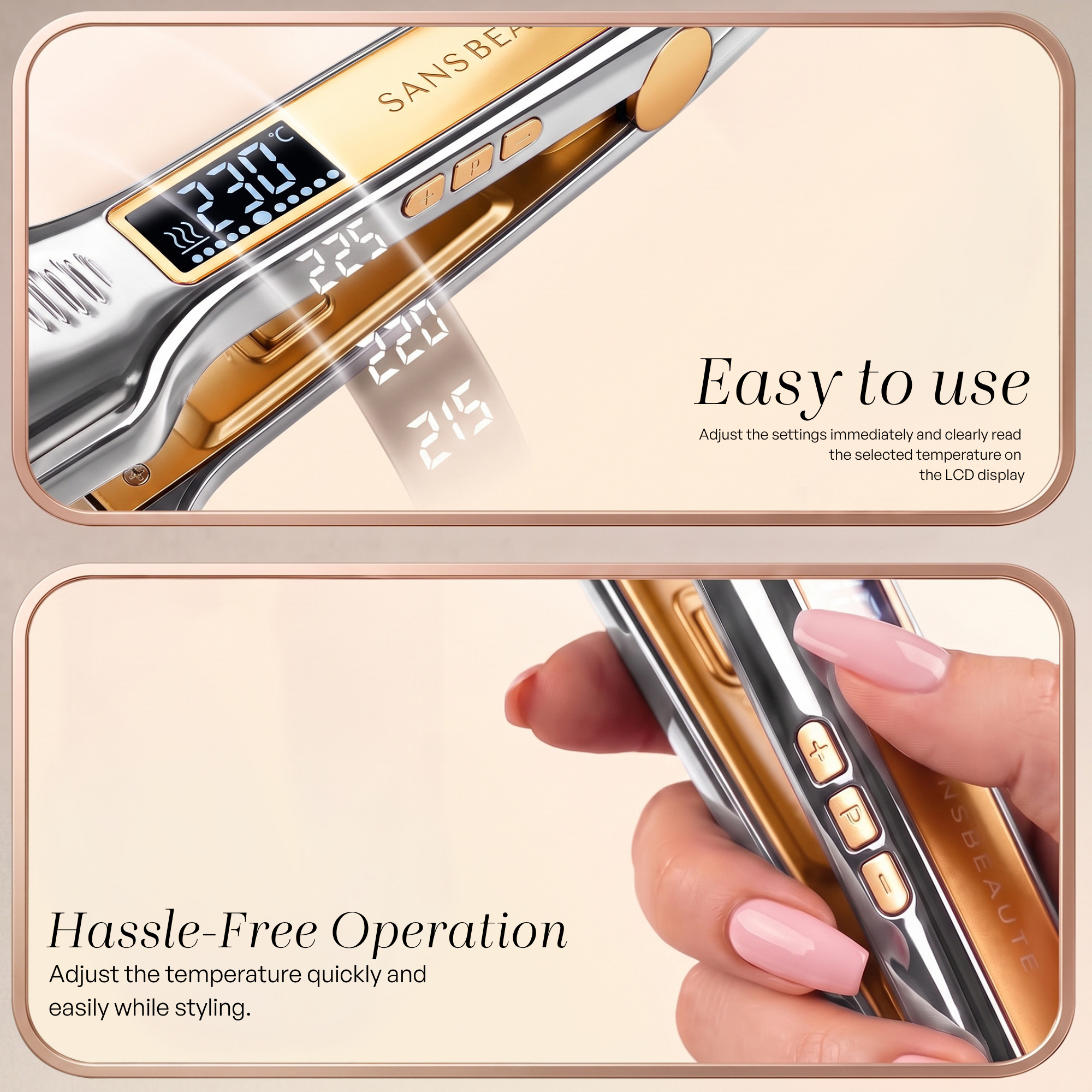 Hair straightener with an LCD display and control buttons, a hand holds the device to adjust the temperature.