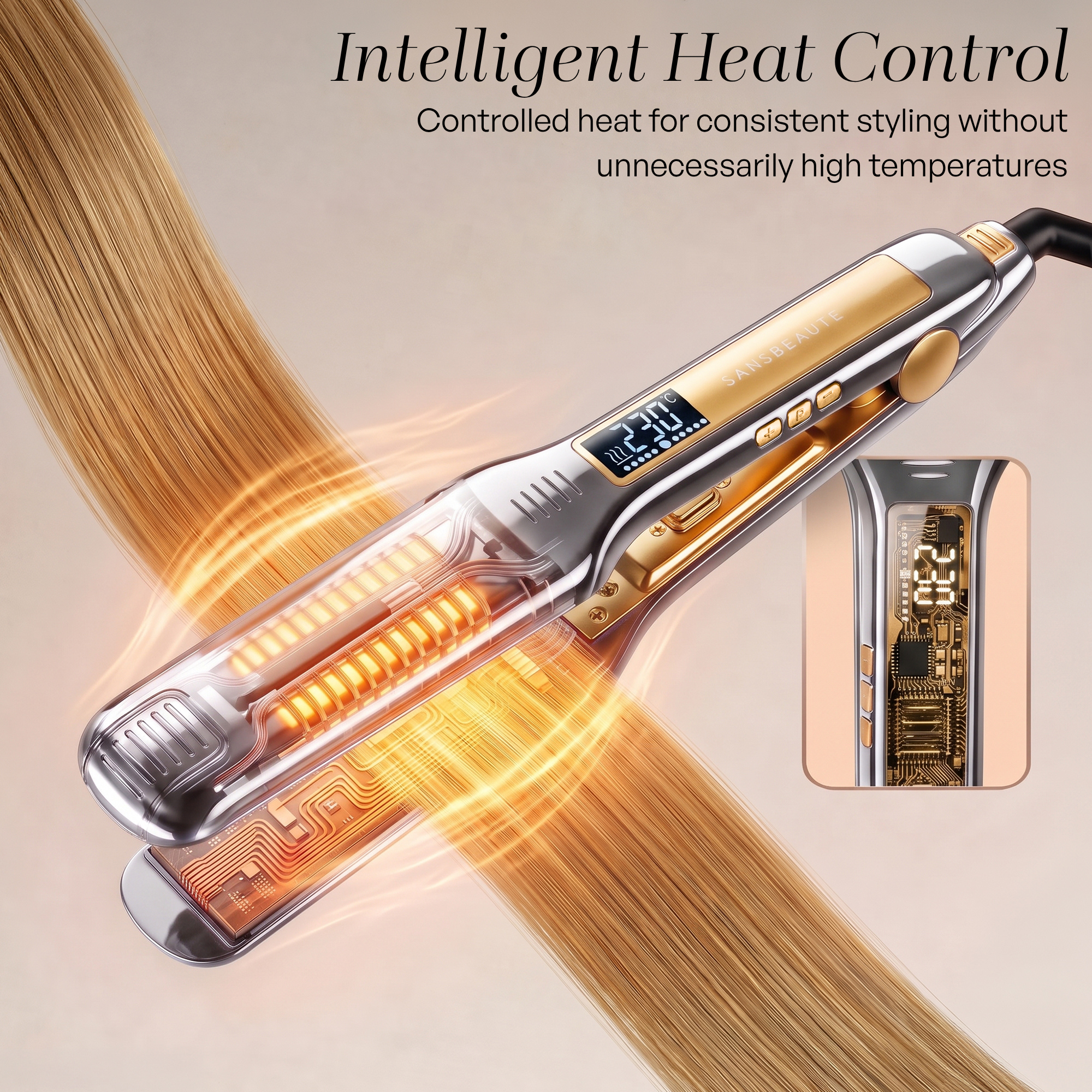 Hair straightener with digital display and glowing heating elements over smooth blonde hair.