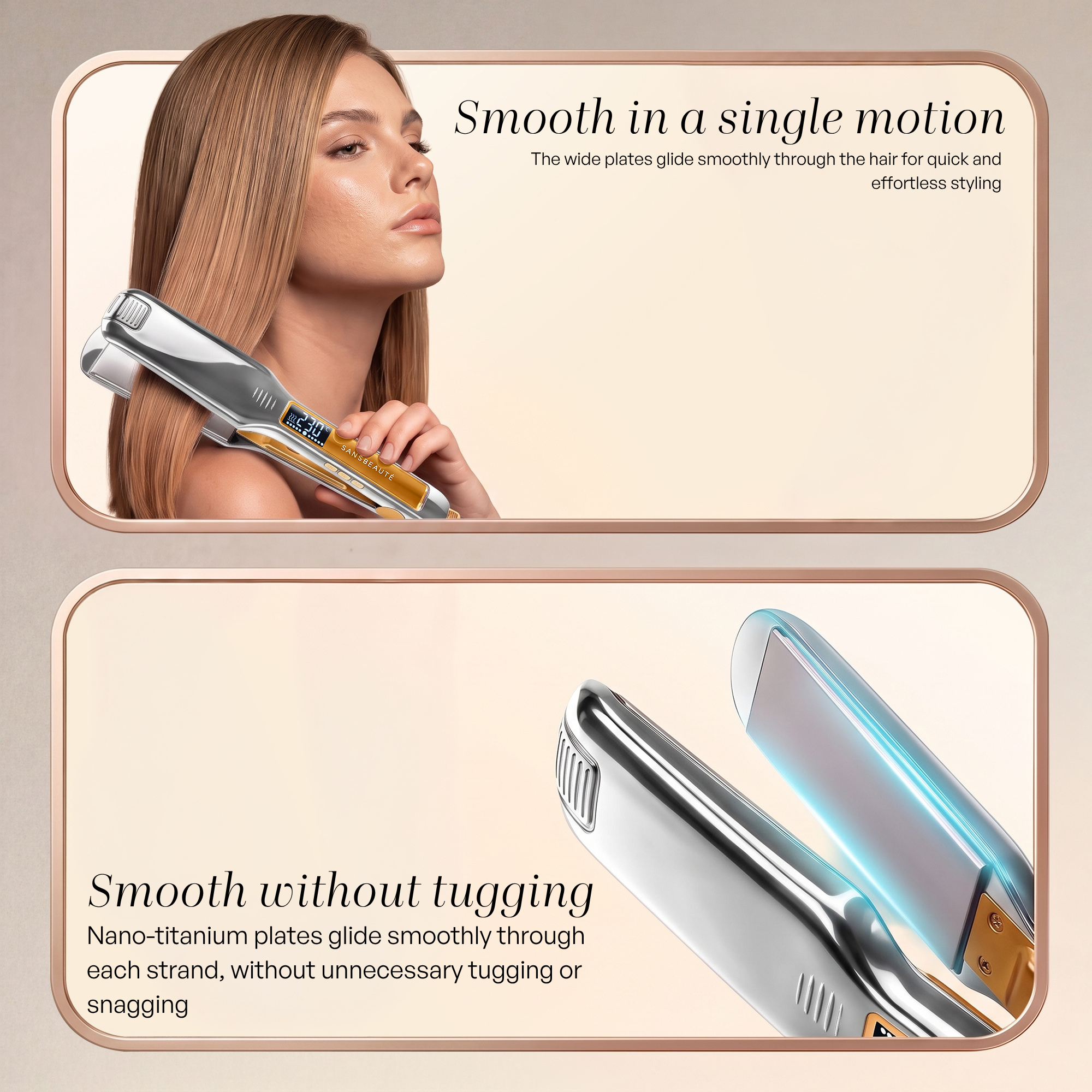 A woman styles smooth blonde hair with a shiny hair straightener; close-up of the titanium plates.