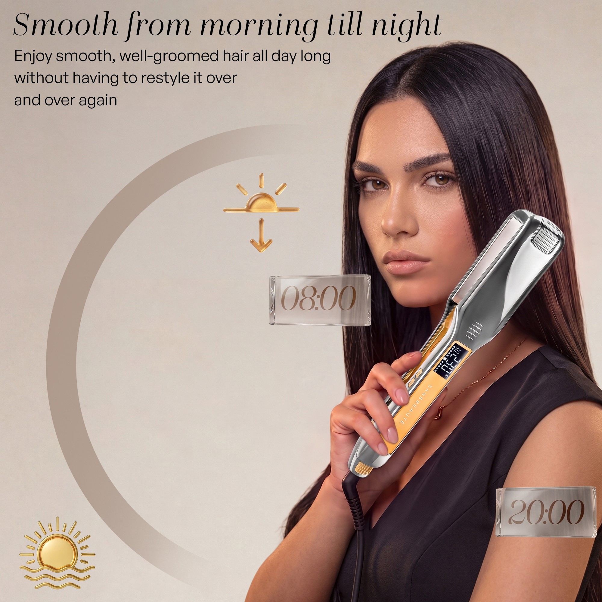 A woman with straight hair holds a silver and gold hair straightener against an ad background.