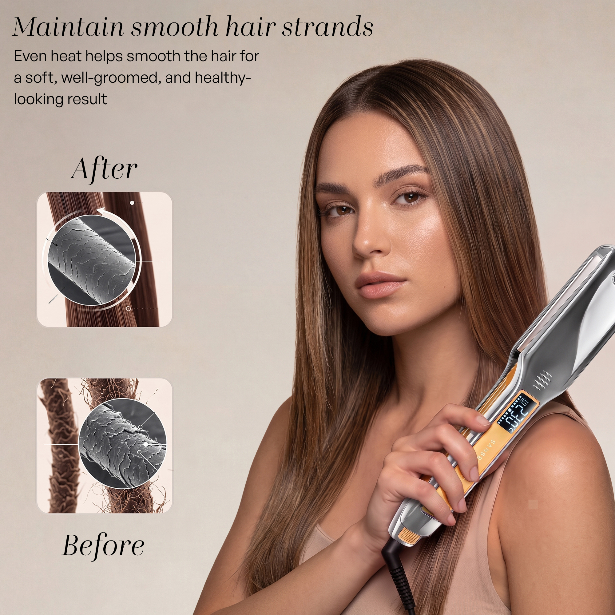 A woman holds a hair straightener, with before and after comparison insets of hair.
