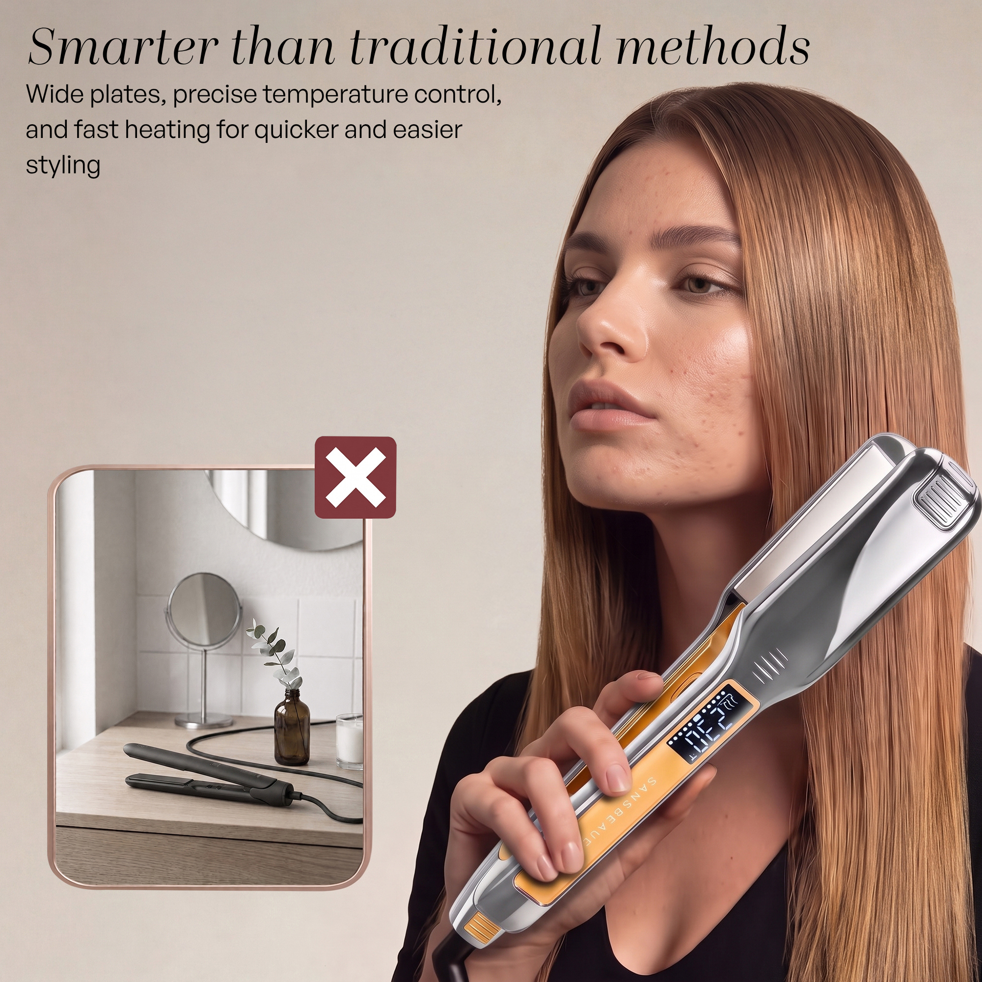 A woman holds a silver hair straightener near her long brown hair. An inset shows a different hair straightener style.